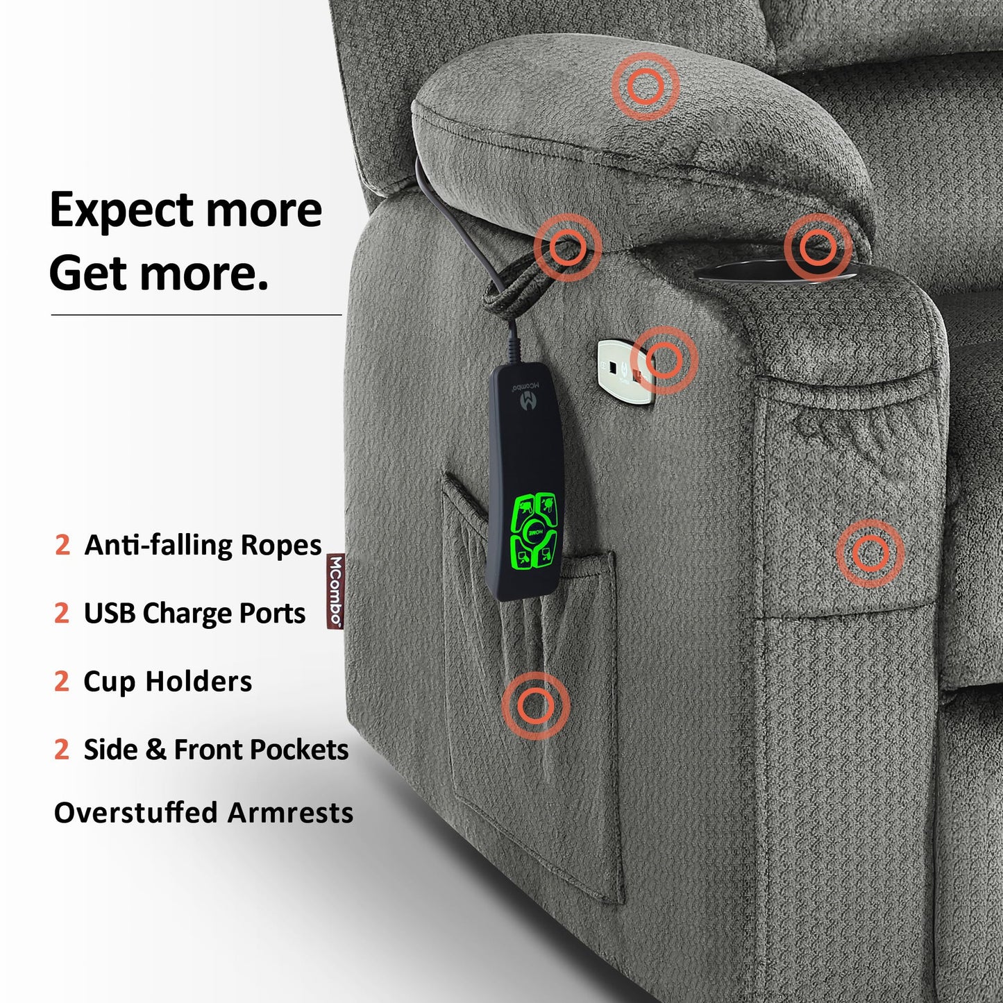 MCombo Oversized Dual Motor Power Lift Recliner Chair Sofa with Massage and Heat for Big Elderly People, Infinite Position, USB Ports, Fabric R7677 (Grey, Medium-Oversize)