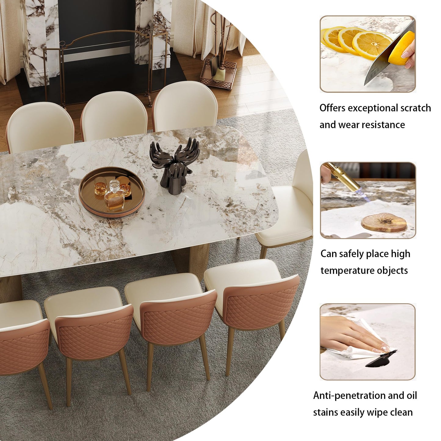 Rectangular Dining Table for 8-10 People, 79 inch Luxury Kitchen Table with Sintered Stone Tabletop and Gold Metal Base, Modern Dining Room Table for Kitchen Living Room (Table Only)