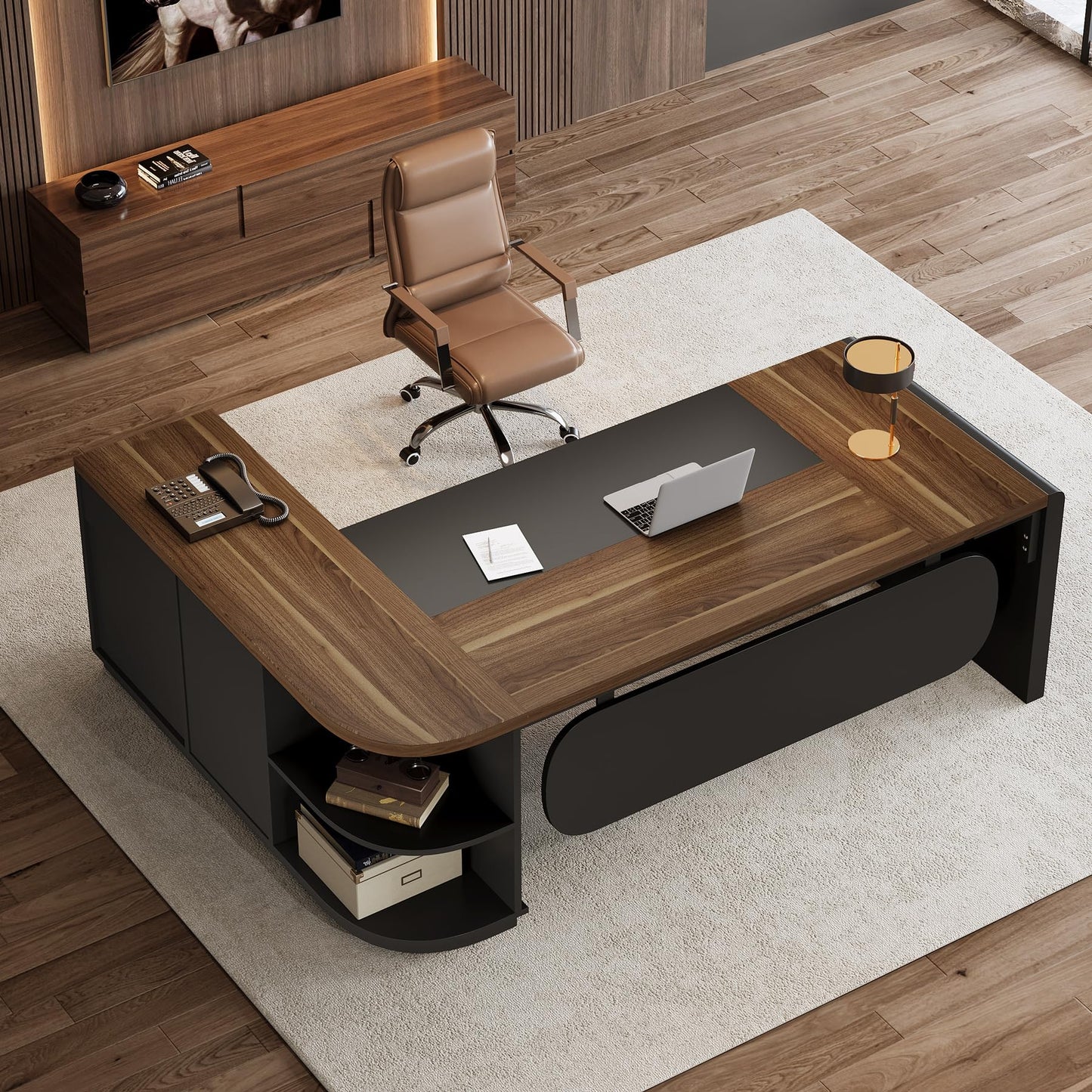 Tribesigns 81-Inch L-Shaped Office Desk, Large Commercial Office Desk with Drawers and File Cabinet, Modern Professional Business Furniture Workstations with Storage Shelves, Brown & Black
