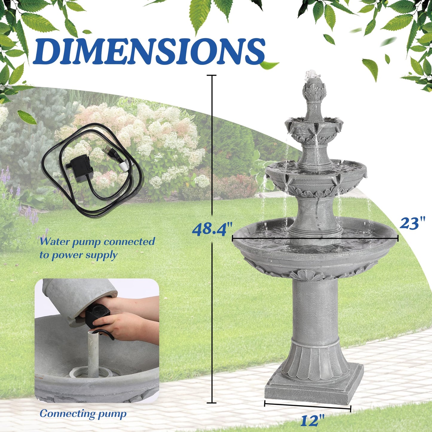 TOBYUL Italian Outdoor Water Fountains Garden Decor - 48.4''H Fountains and Waterfalls Outside, Large Cascading Indoor Floor-Standing Resin Bubbler Fountain Features W/Pump for Patio, Yard (Gray)