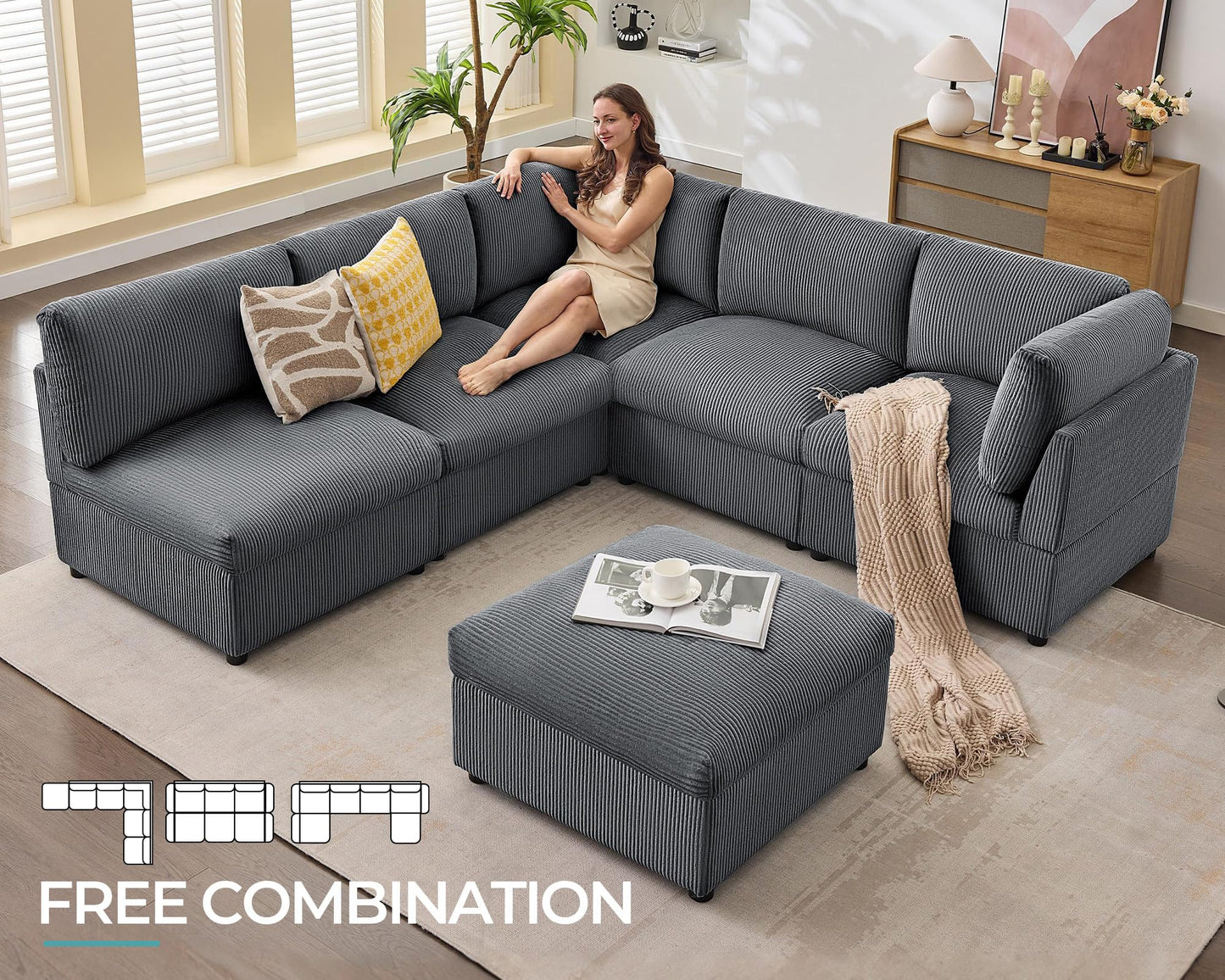 Jocisland Oversized Modular Sectional Sofa with 32" Deep Seat, 6 Seater Sectional Couch, Modular Sofa for Living Rooms, Tool-Free Assembly, Flexible Modular Couch Layout-Corduroy Gray