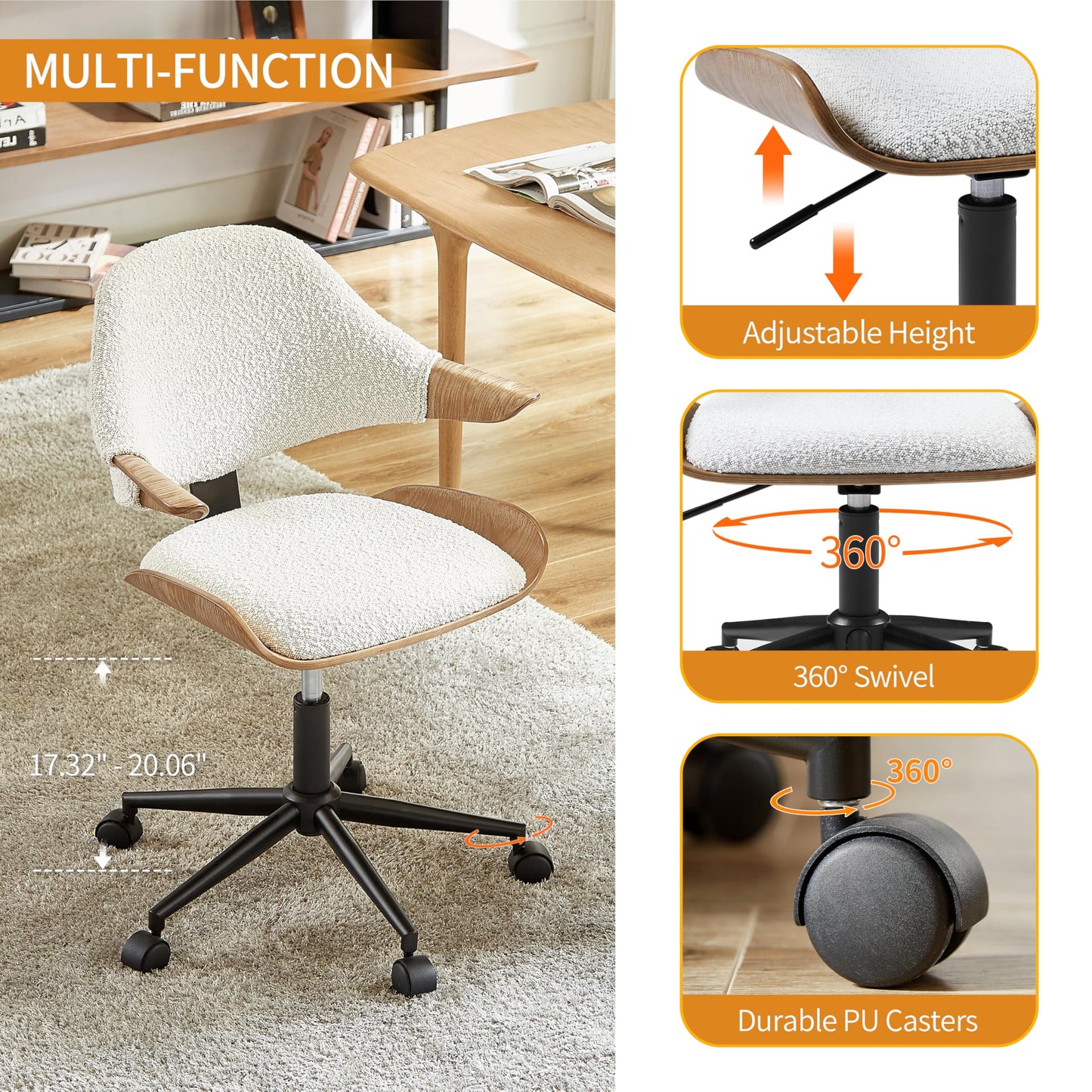 Art Leon Swivel Desk Chair, Mid Century Modern Office Chair with Wheels, Boucle Fabric Upholstered Arm Chair, Adjustable Height Task Chair with Metal Base, Washed Oak Bentwood, White