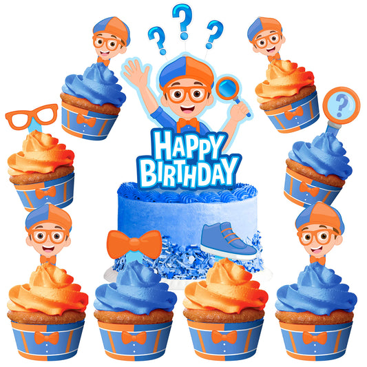 Treasures Gifted Officially Licensed Blippi Birthday Decorations - Cake Topper Set - 1 Cake Topper & 24 Cupcake Toppers & Wrappers - Blippi Party Supplies