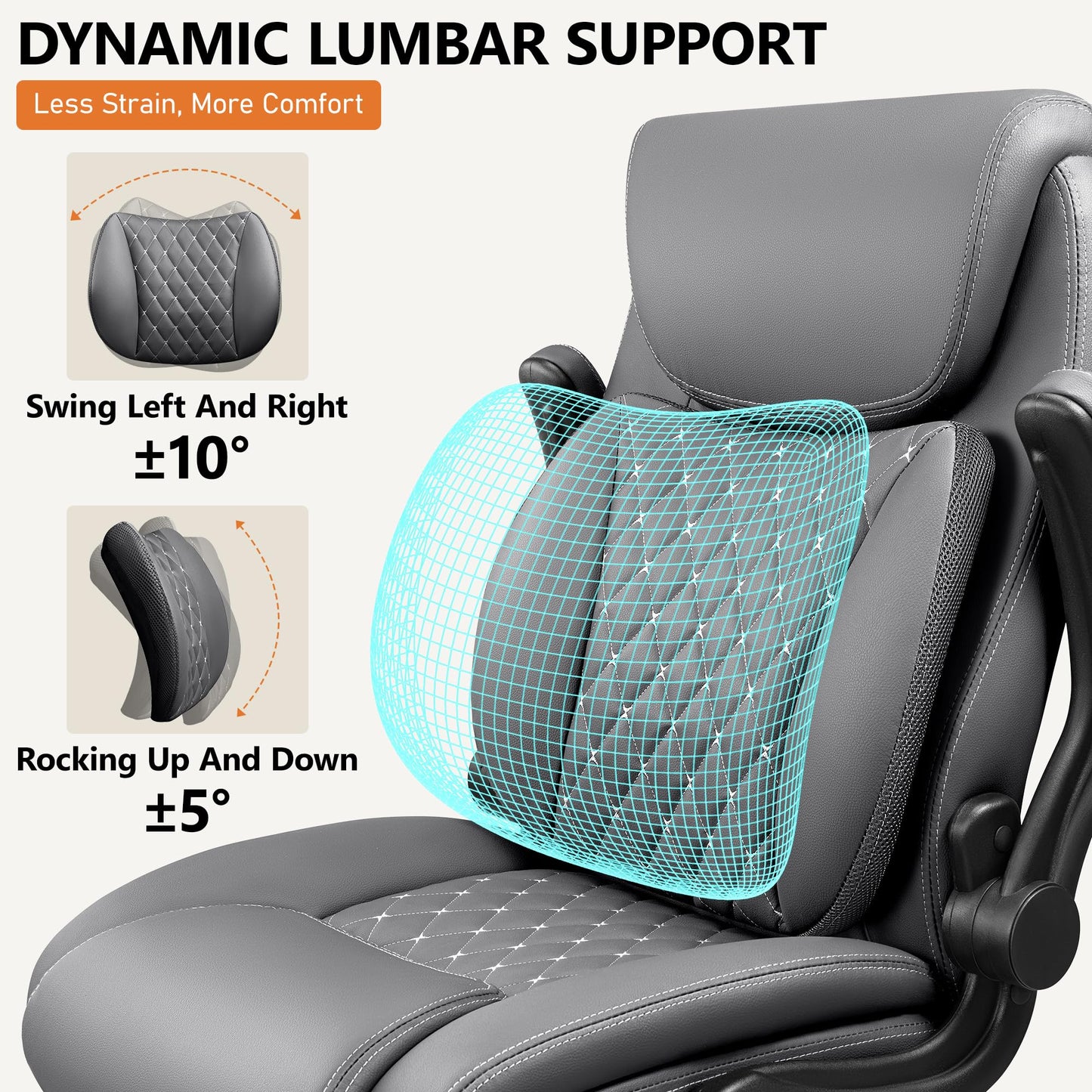 BESTFAIR Office Chair, Executive Computer Desk Chair with Lumbar Support for Lower Back Pain Relief, Ergonomic Leather Home Chair Comfy with Padded Flip-up Arms and Adjustable Armrests, Gray