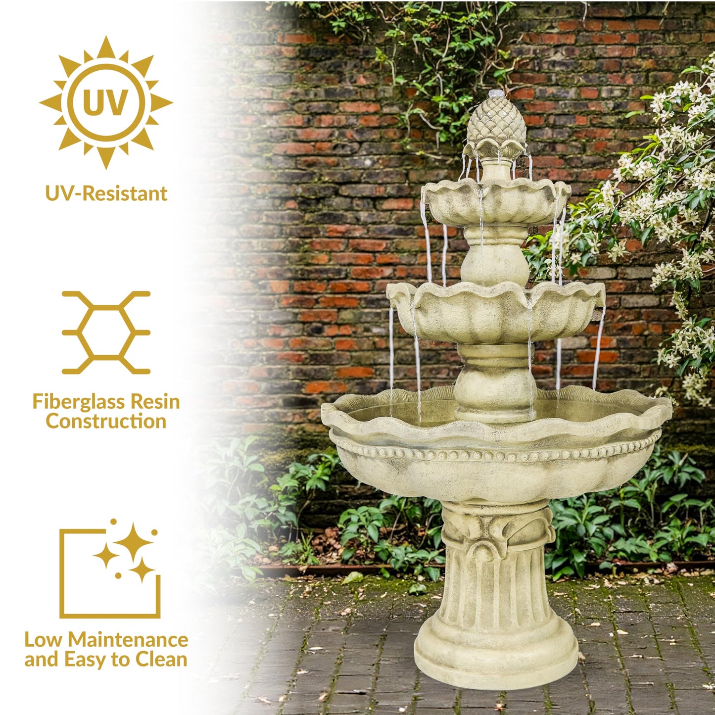 Sunnydaze 51-Inch Electric Water Fountain - Outdoor Water Feature - 3-Tier Outdoor Fountain with Pineapple Top - White