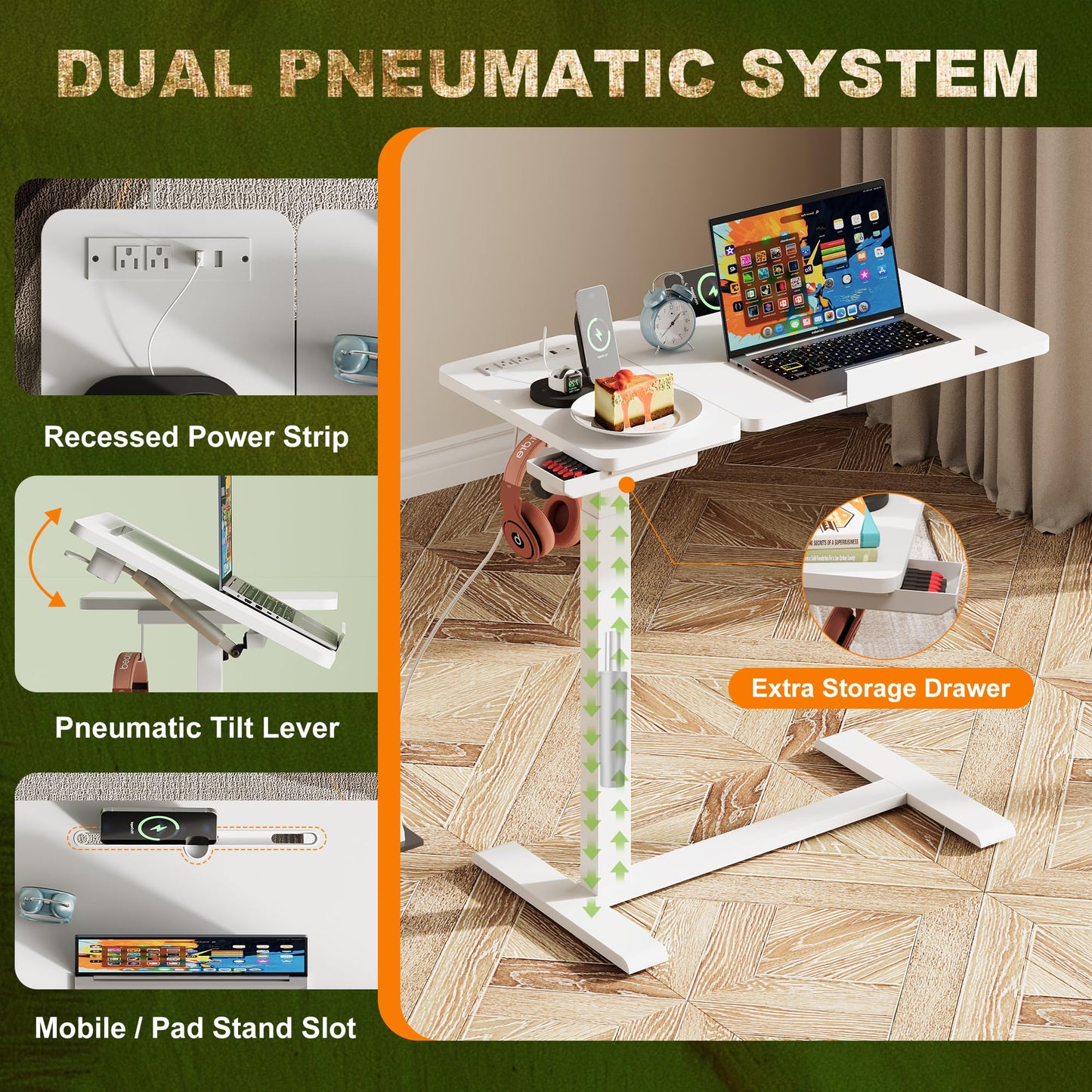 EKNKOZY Standing Desk, Medical Overbed Table with Rolling Tray and Power Outlet, Dual Pneumatic Angle and Height Adjustable Desk, Portable Side Table with Drawer, Home & Hospital Use, White