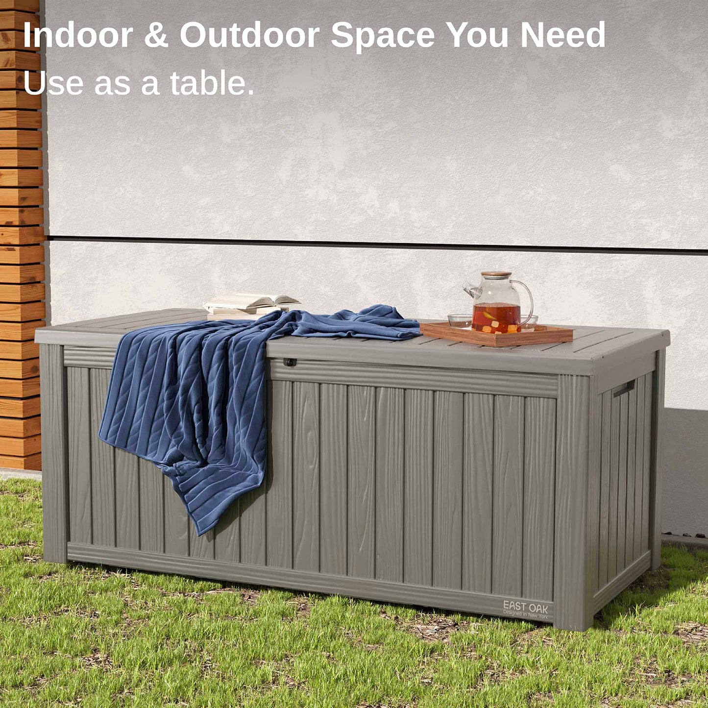 EAST OAK Outdoor Storage Box, 150 Gallon Deck Box, Large Resin Storage Bin for Patio Cushions, Gardening Tools, Lockable, Waterproof and UV Resistant, Grey