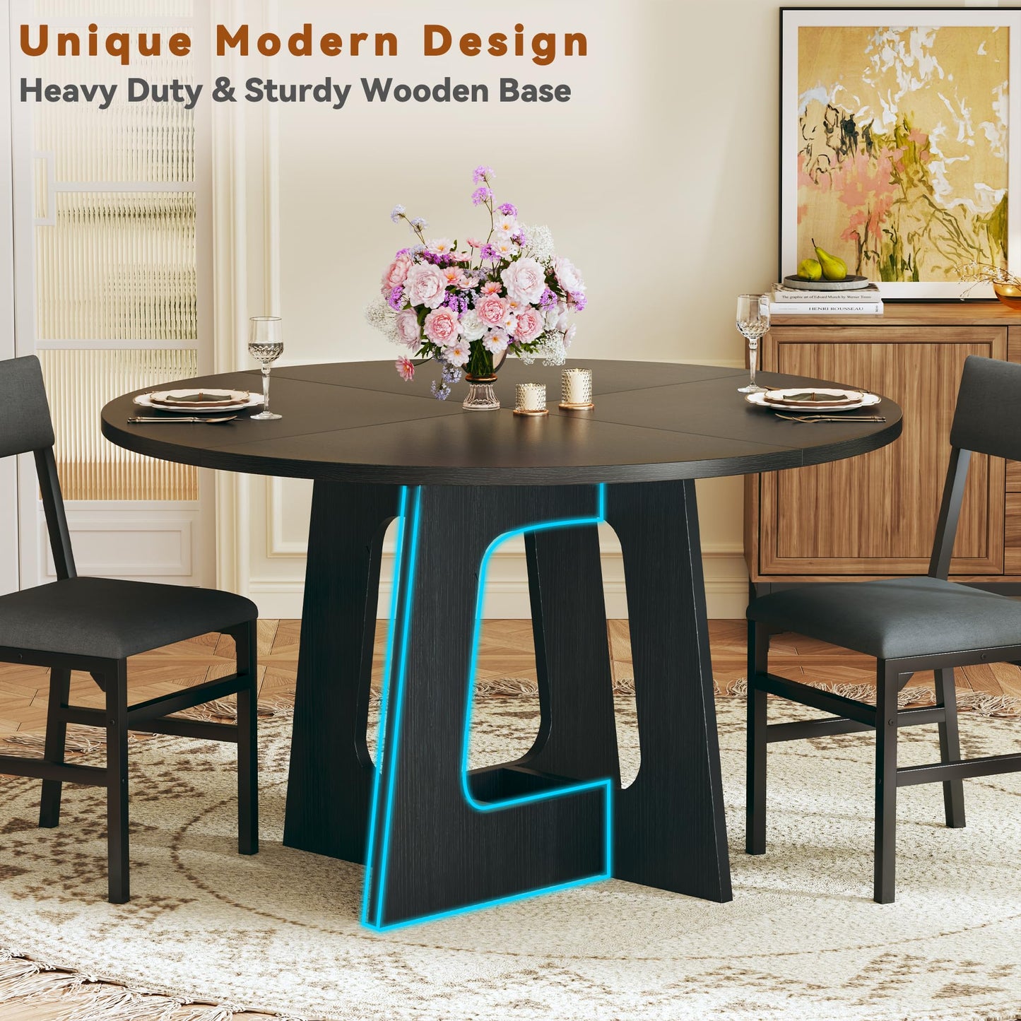 HUAHUU Round Dining Table Set for 6, 7-Piece Kitchen Table and Chairs for 6, 47'' Round Dining Room Table Set with 6 Chairs, Space Saving Dining Table with Wood Base for Kitchen, Living Room, Black