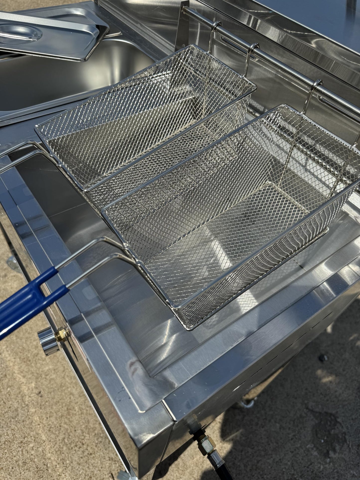 Deep Fryer Cart with 2 Baskets | 3 Gallon Single Tank | 2 Pan Steam Table | Portable 4 Wheel | Stainless Steel | Outdoor Propane Frying Cart for Chicken, Fish, & More | Commercial & Home