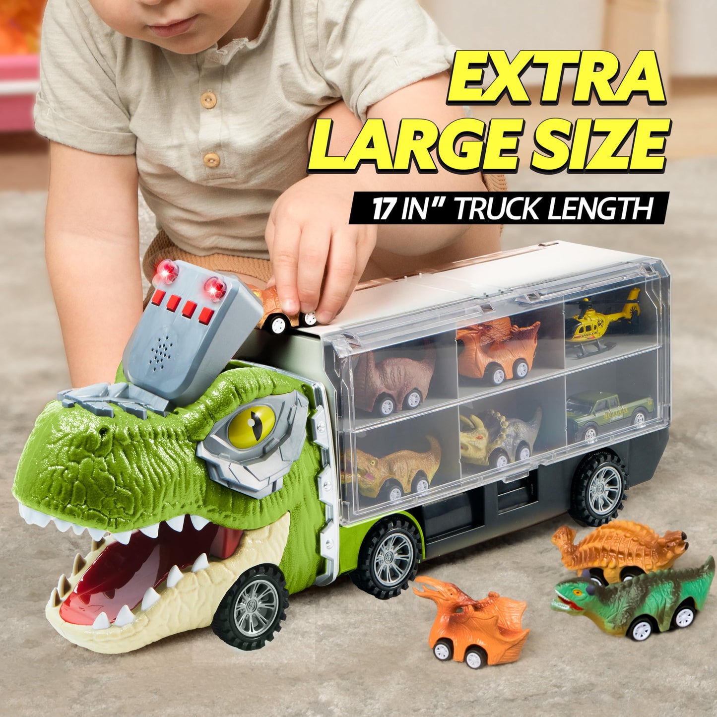 JOYIN 13 in 1 Dinosaur Toys for Kids 3-5, Transport Dinosaur Carrier Truck with 12 Pull Back Cars, Toddler Toys 3-4， Birthday Gifts for 3 4 5+ Year Old Boys