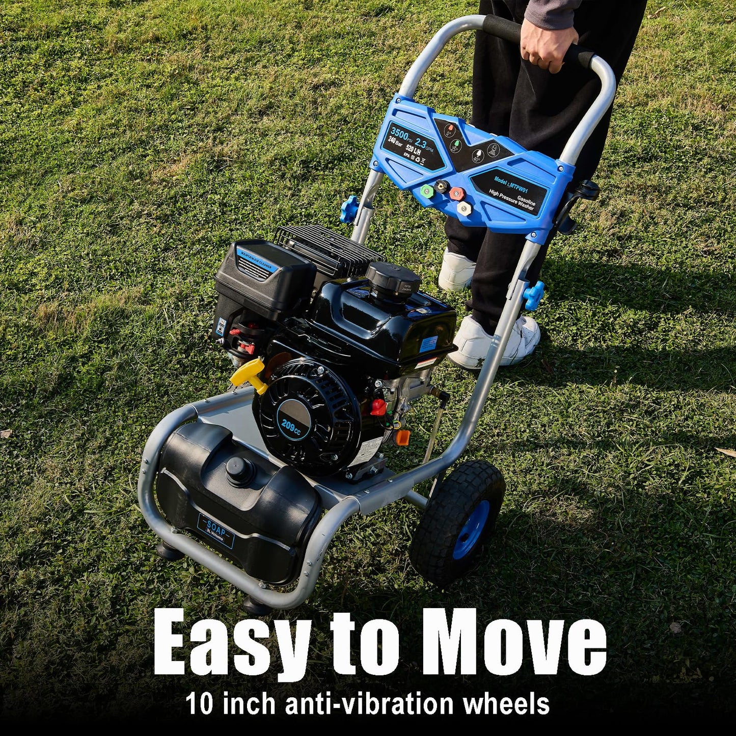 Ezasin Gas Pressure Washer 3500 PSI, 2.3 GPM Heavy Duty High Power Washer,209CC 7HP Engine with 25Ft Pressure Hose, Axial Aluminum Pump, Soap Tank, 4 Quick Connect Nozzle (Blue)