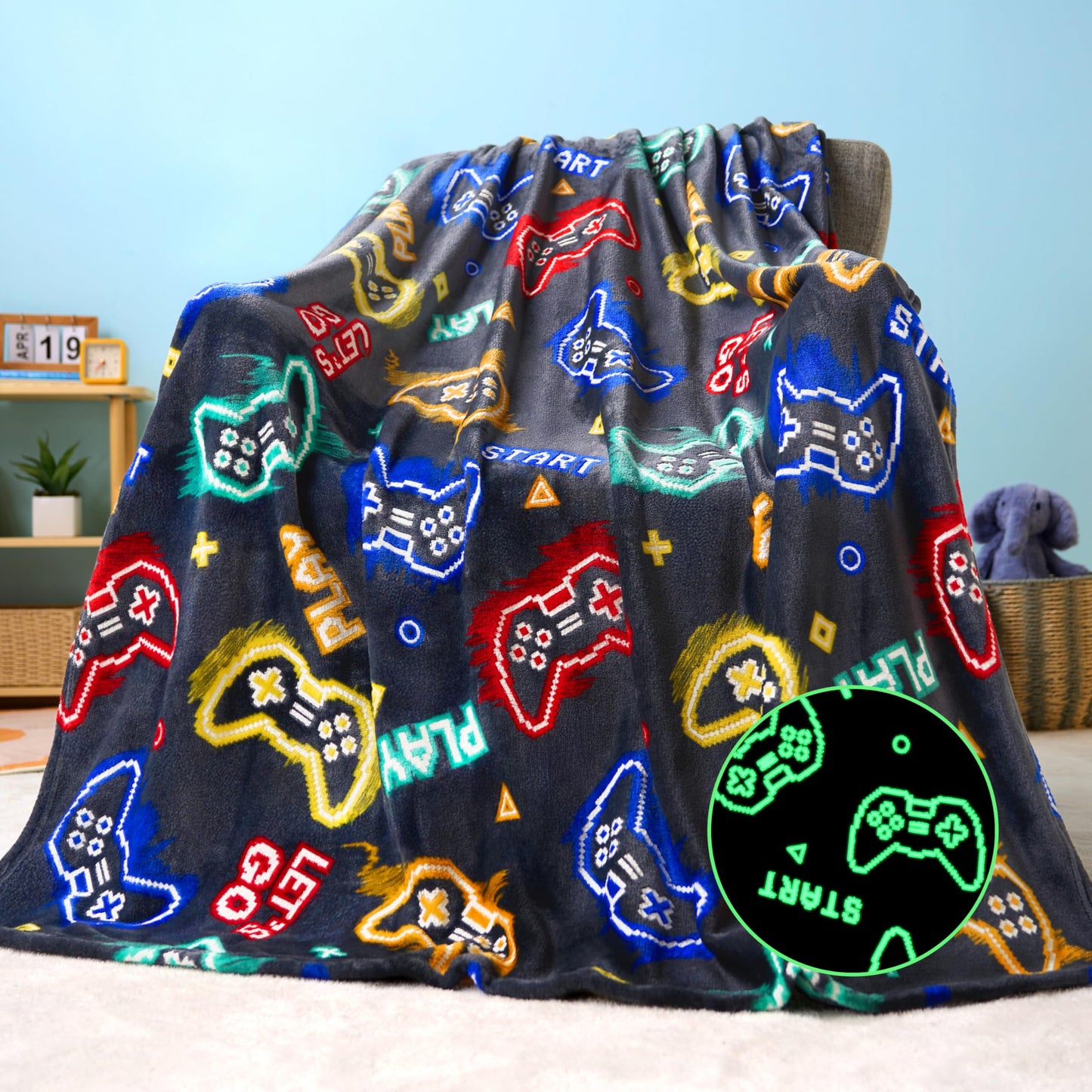 Joiedomi Glow in The Dark Gaming Blanket Gamer Gifts for Boys Age 2 3 4 5 6 7 8 9 10 11 12 Year Old, Soft Cozy Flannel Kids Throw Blanket, Birthday Bedroom Decor Grey 50"×60"