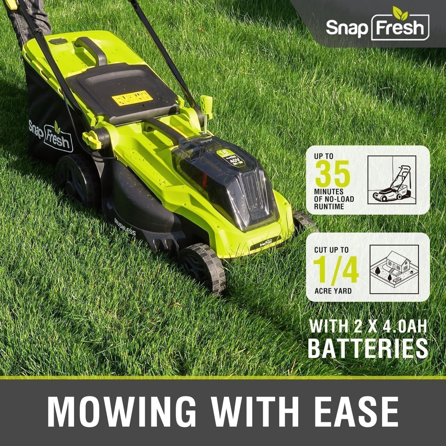 SnapFresh Electric Lawn Mower - 40V 16” Cordless Lawn Mower with 4.0Ah Battery x 2 and Fast Charger Included - Battery Operated Push Lawn Mowers with Bagger, Brushless Motor