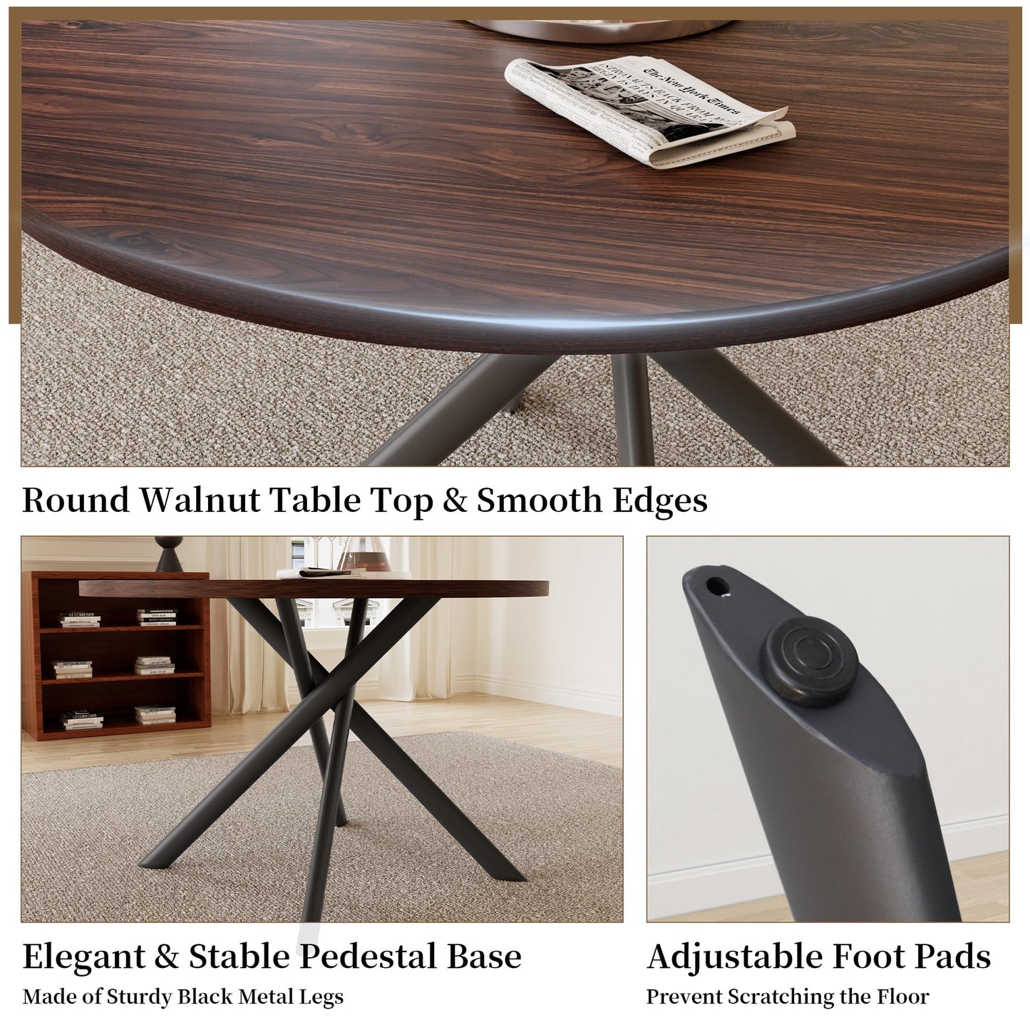HIPIHOM 45.3 Inch Round Dining Table Set for 4, Mid Century Modern Small Coffee Set for Dining Room Kitchen Apartment (Dark Walnut Table + 4 U-Shaped Brown Chairs)