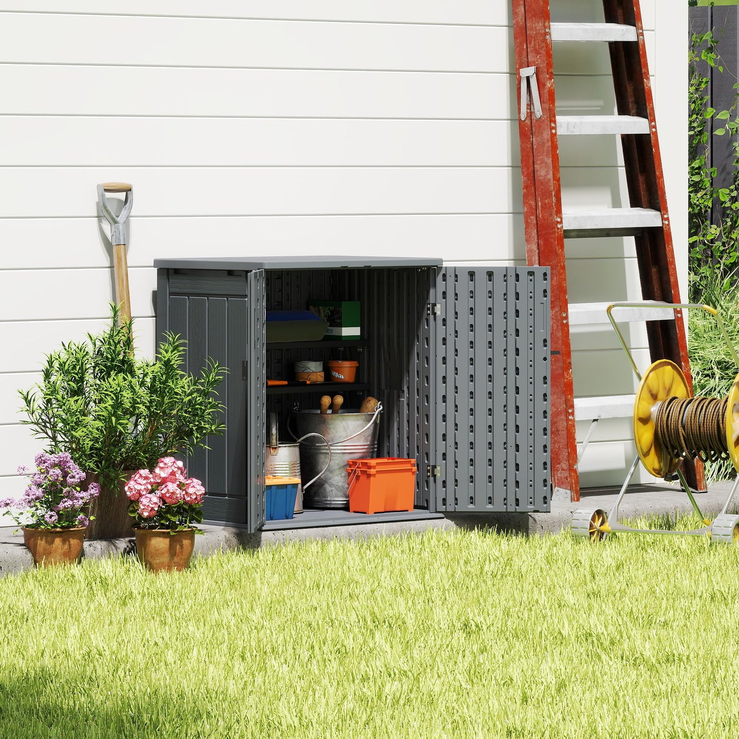 EHHLY Heavy Duty Small Storage Cabinet Outdoor Weatherproof, 14 Cuft Garage Storage Cabinet with 2 Adjustable Shelves, Lockable Kitchen Pantry Closer Organizer, 31Wx23Lx34H, Sage Grey