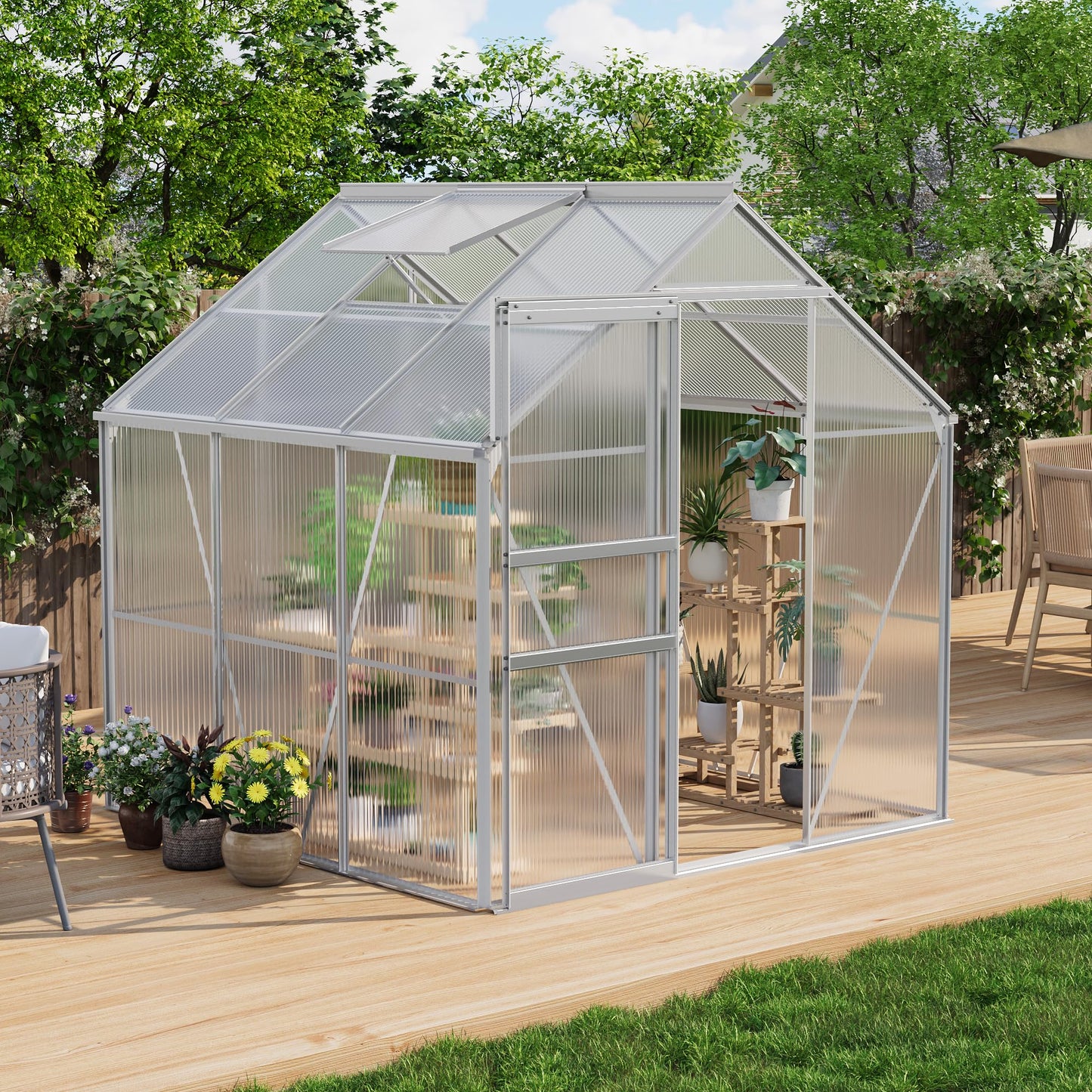 IDEALHOUSE 6 x 6FT Greenhouse for Outside, Polycarbonate Greenhouses with Aluminum Frame, Sliding Door, Adjustable Roof Vent for Backyard, Outdoor Green Houses Garden Backyard, Patio