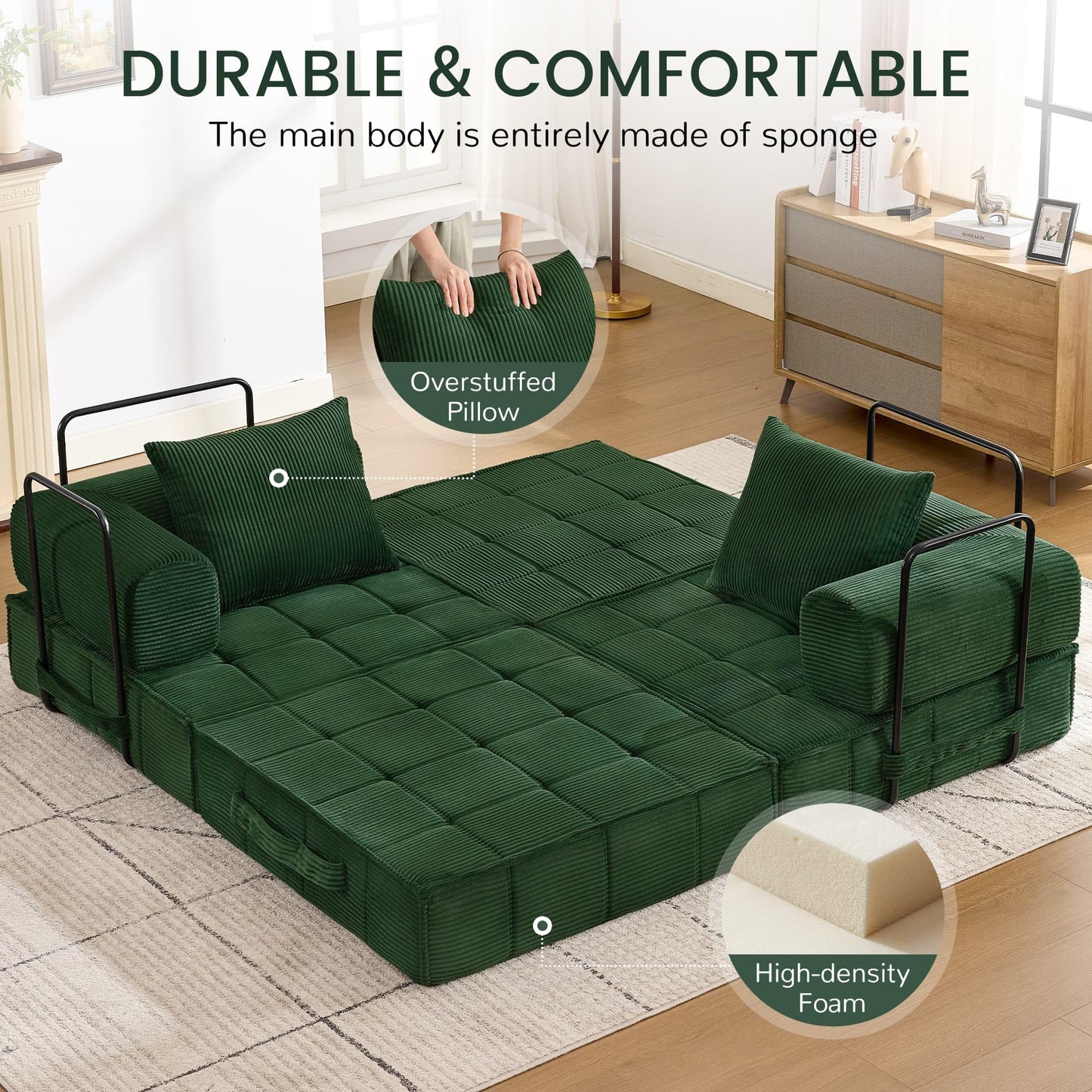 Korser 6-in-1 Convertible Sleeper Sofa Bed, Corduroy Folding Mattress Couch with Fixed-Shape Frame, Modular Foldable Boneless Couch, Loveseat Couches with 2 Pillows, for Living Room, Bedroom, Green
