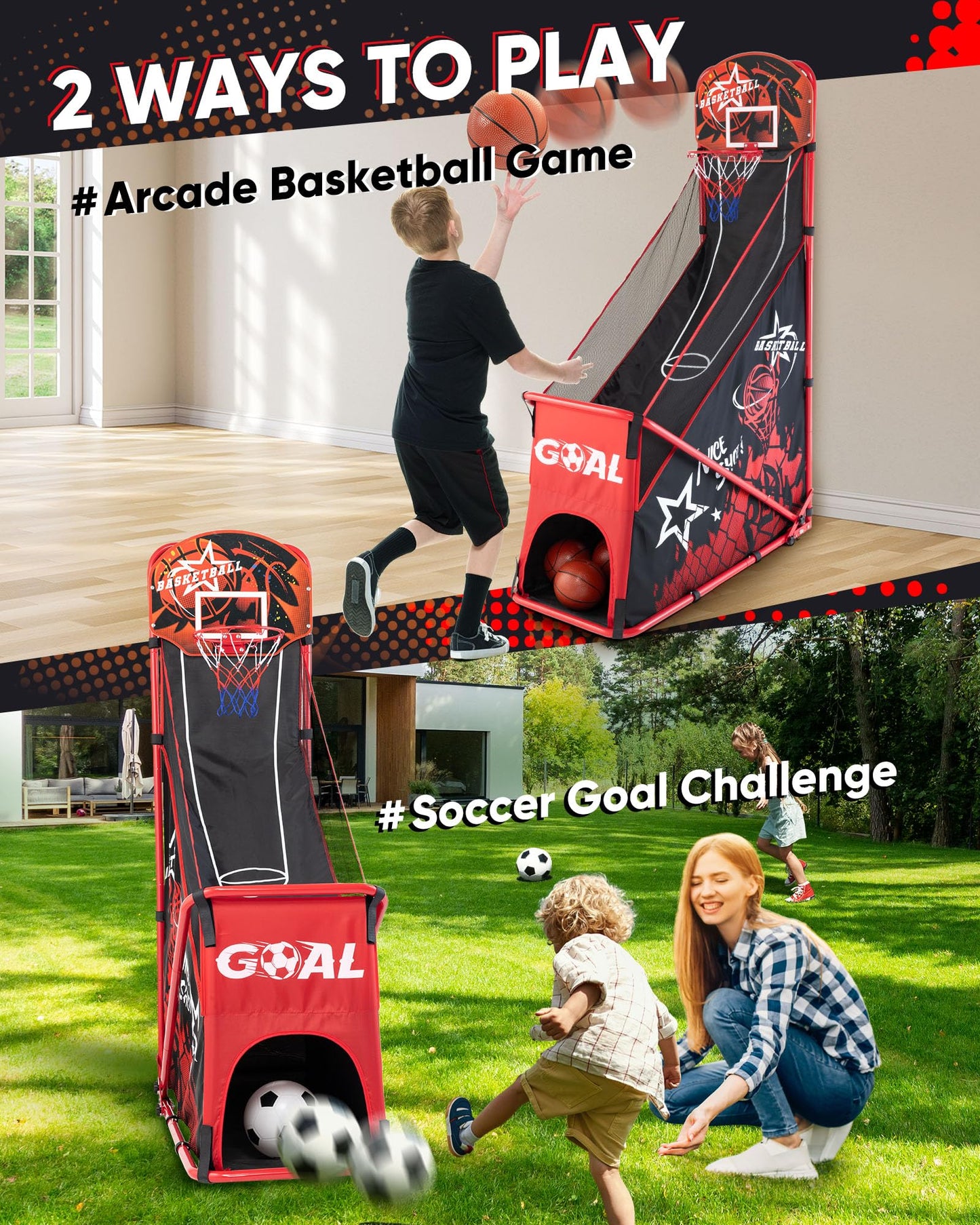 MerryMove Basketball Arcade Game for Kids: Foldable Basketball Hoop Set with Soccer Goal- Portable Indoor Outdoor Sports Play Toy- Gift for Ages 3-12 Boys Girls- Air Pump and 3 Balls Included