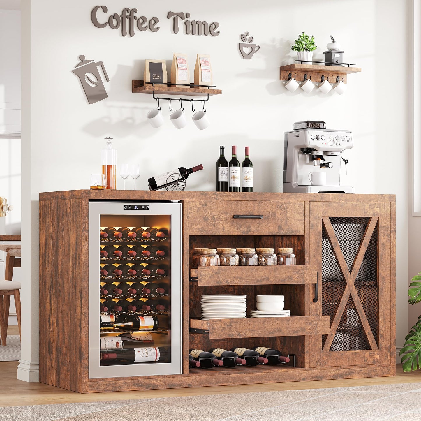Jocoevol Large Coffee Bar Cabinet with Fridge Space, Mini Fridge Cabinet with Power Outlets and Wine Rack, Farmhouse Design Liquor Cabinet for Living Room, Kitchen, Entryway, Rustic Brown