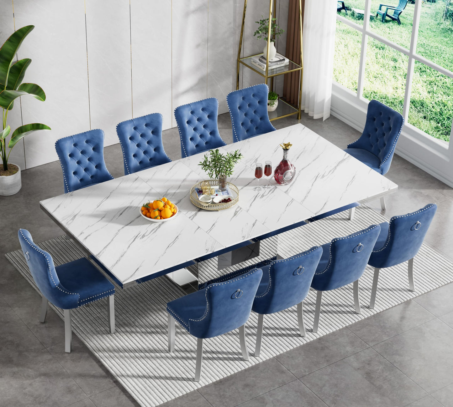 White Marble Extendable Dining Table Set for 10, 11-Piece Extendable Kitchen Table Set with 10 Blue Velvet Chairs, Modern 63"-94" Expandable Dining Room Table Set with Mirrored Pedestal for Kitchen