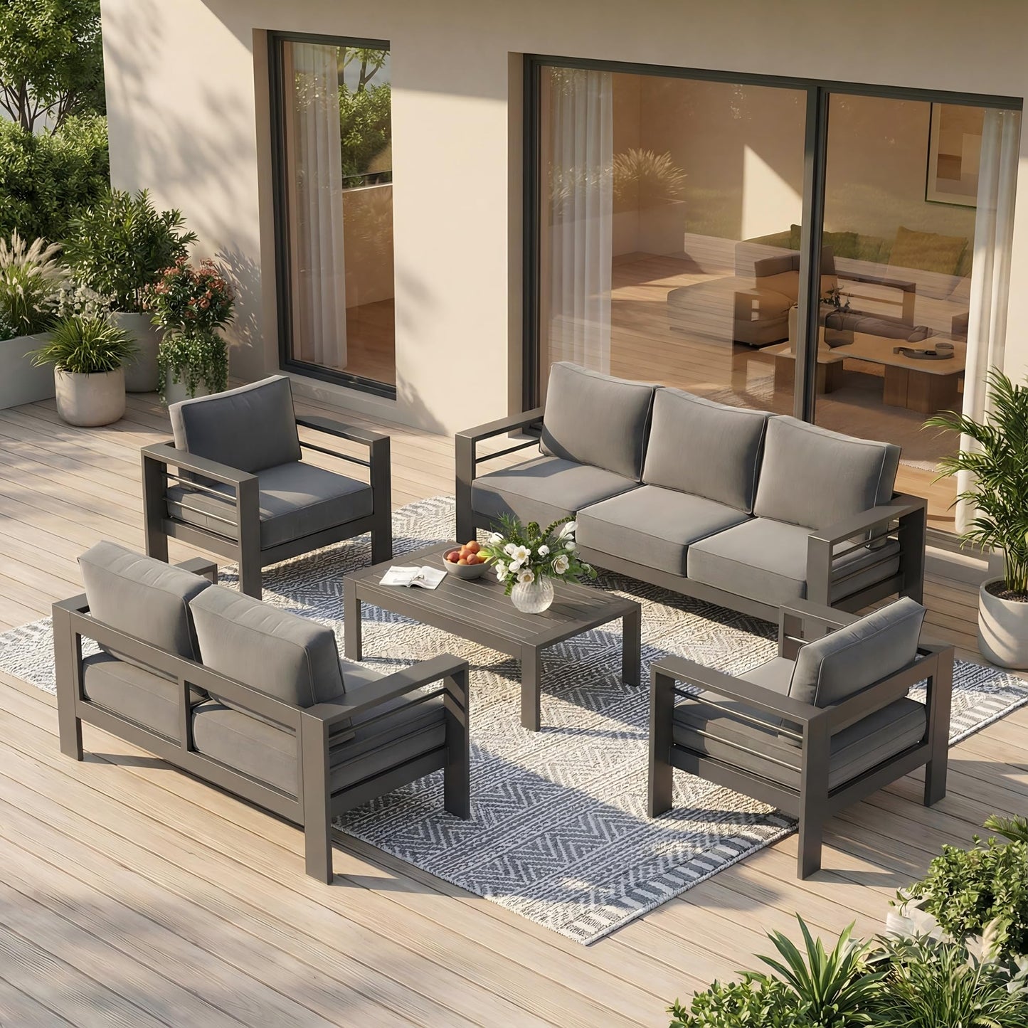 Solaste Aluminum Outdoor Patio Furniture Set, 7 Seats Patio Sectional Sofa with 5" Thick Cushion, Outdoor Patio Set with Coffee Table for Porch, Backyard, Deck, Yard, Grey