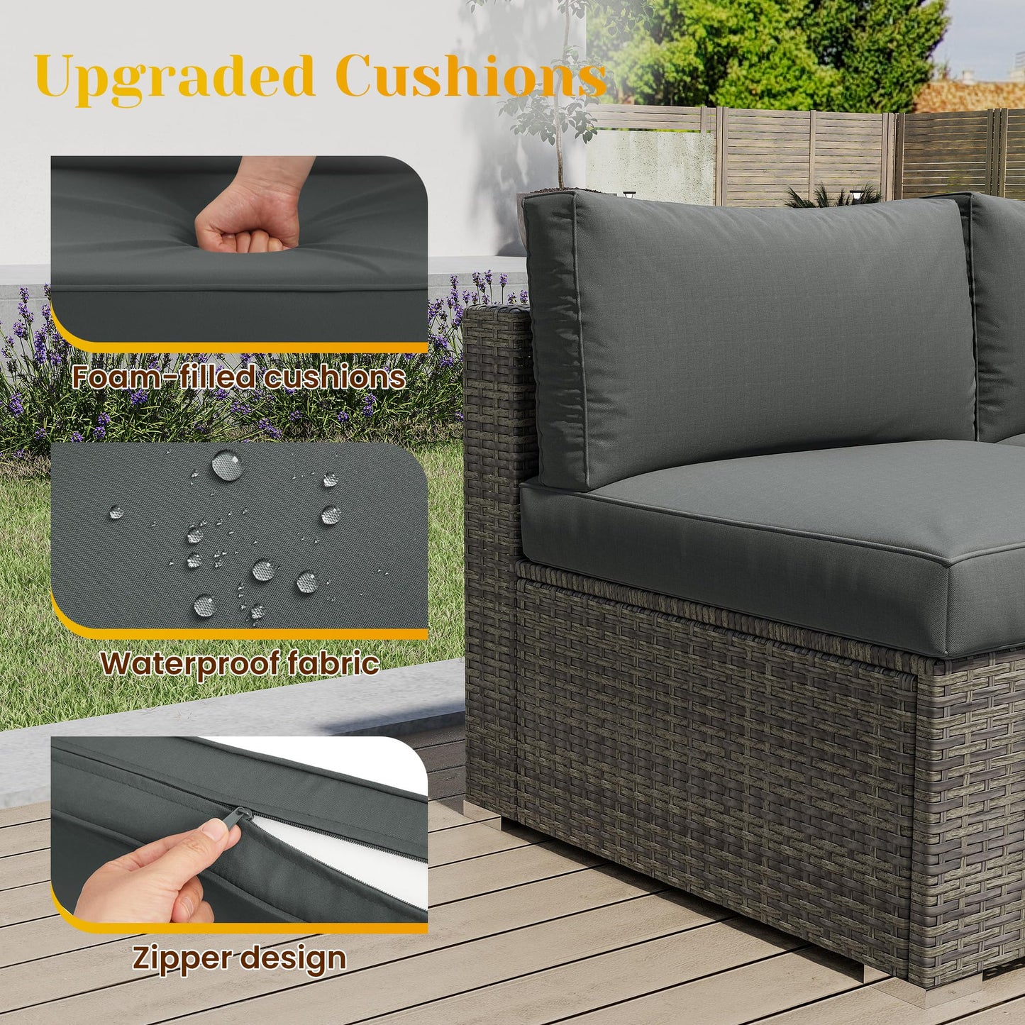 May in Color 5 Piece Outdoor Patio Sectional Furniture Set, Weather Resistant Rattan Outside Couch, Waterproof Conversation Sofa for Balcony, Porch, Backyard, Deck, Garden, Grey