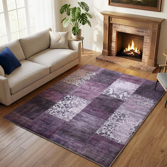 Carvapet 4x6 Area Rug - Vintage Patchwork Distressed Floral Carpet, Ultra Soft Faux Cashmere Washable Low Pile Floor Indoor Rugs for Living Room Bedroom, Purple