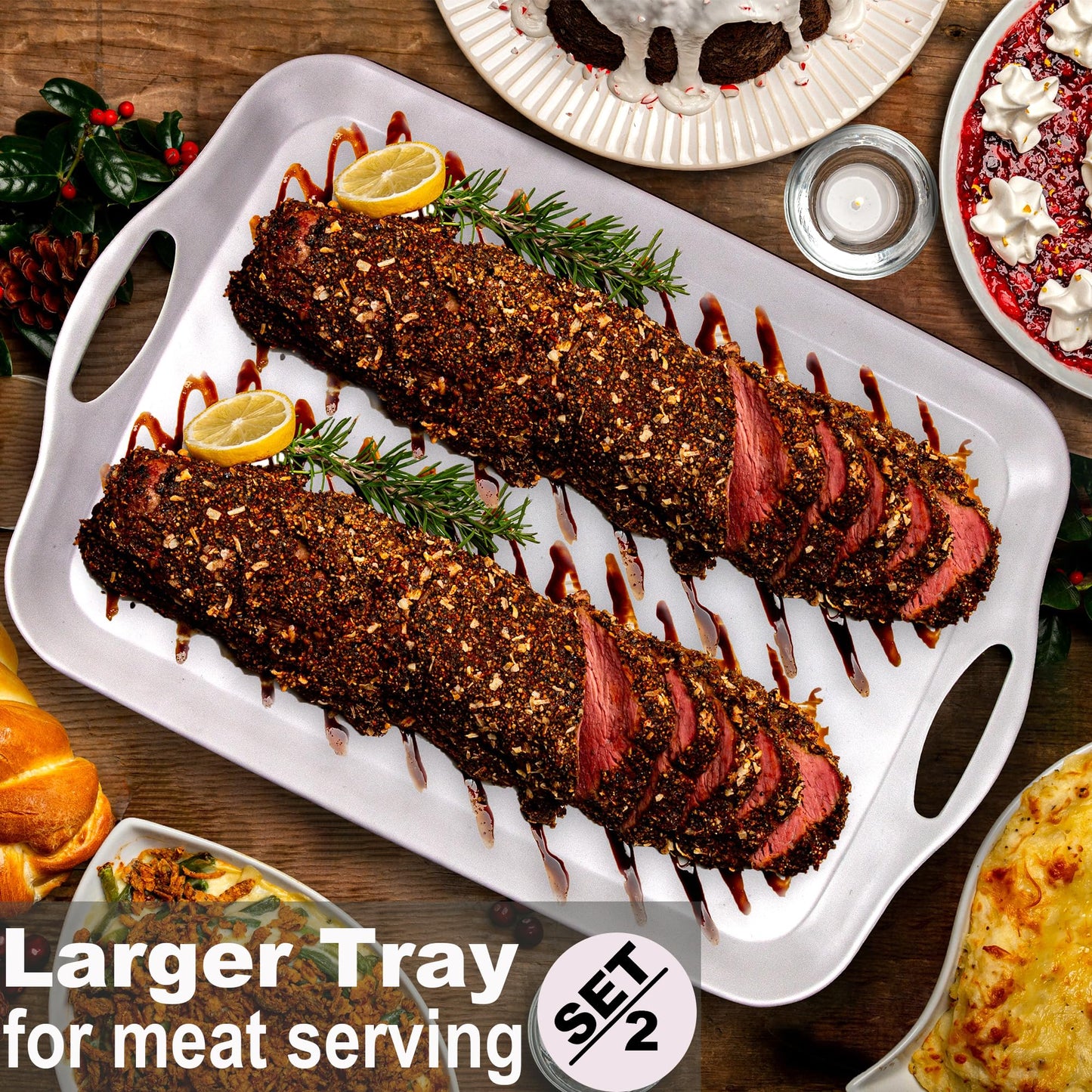 ECOIOU Extra Large Serving Tray with Handles, 20x13 inch, Set of 2 Melamine Platters for Serving Food, Turkey, Cookie, Rectangular Trays for Eating, Raised Dots Matt Finished, Dishwasher Safe, White