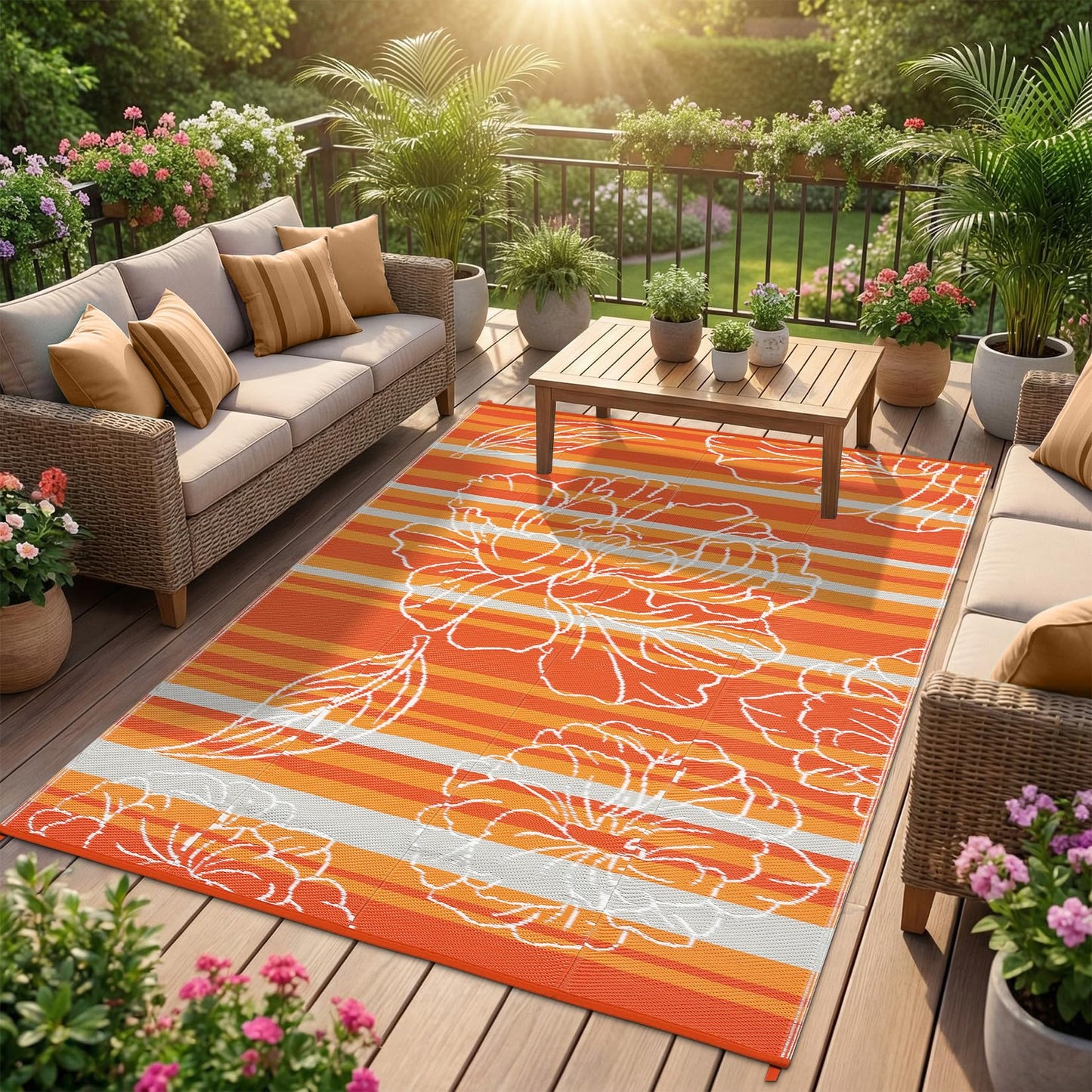Garvee 6x9 Outdoor Waterproof Rug, Floral Outdoor Area Rug，Reversible Plastic Straw Patio Rug, Portable Camping Mat for RV, Picnic, Beach, Balcony, Garden & Camping Orange