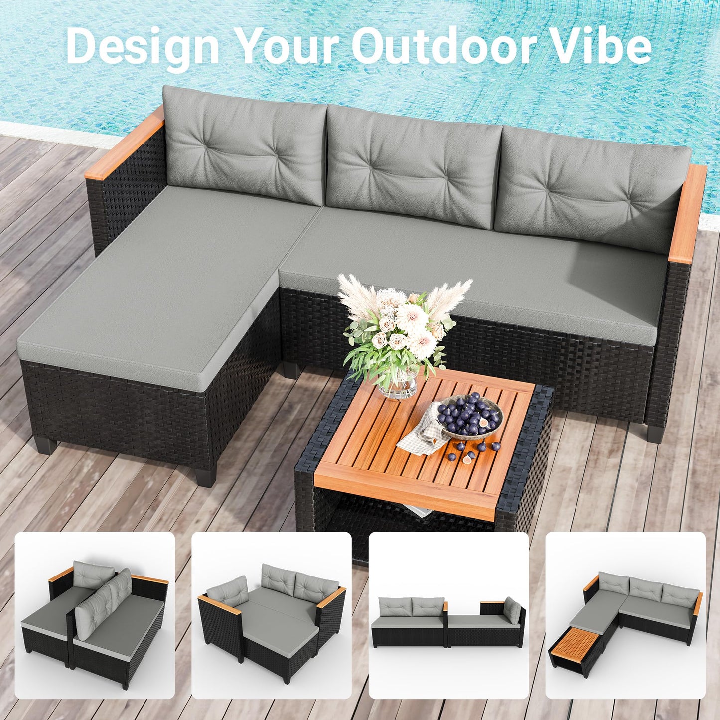 Green4ever 3-Piece Outdoor Patio Furniture Set, All-Weather PE Rattan Small Patio Sectional Sets with Storage Table, L Shaped Outdoor Couch with Cushions, Small Patio Sofa for Balcony Garden, Grey