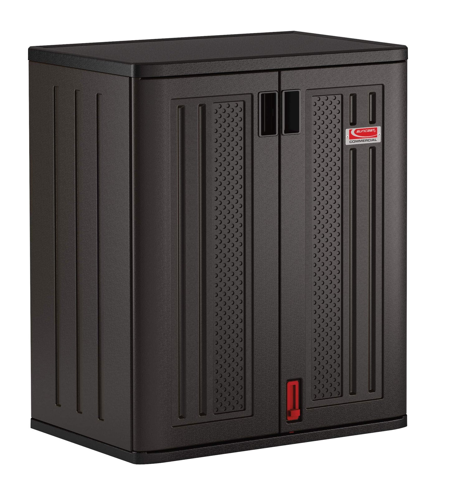 Suncast Heavy-Duty Resin Outdoor Storage Cabinet, 30" W x 20.25" D x 36" H Dark Grey Base Garage Storage Cabinet with Lockable Doors and Metal Reinforced Shelves, Made in The USA