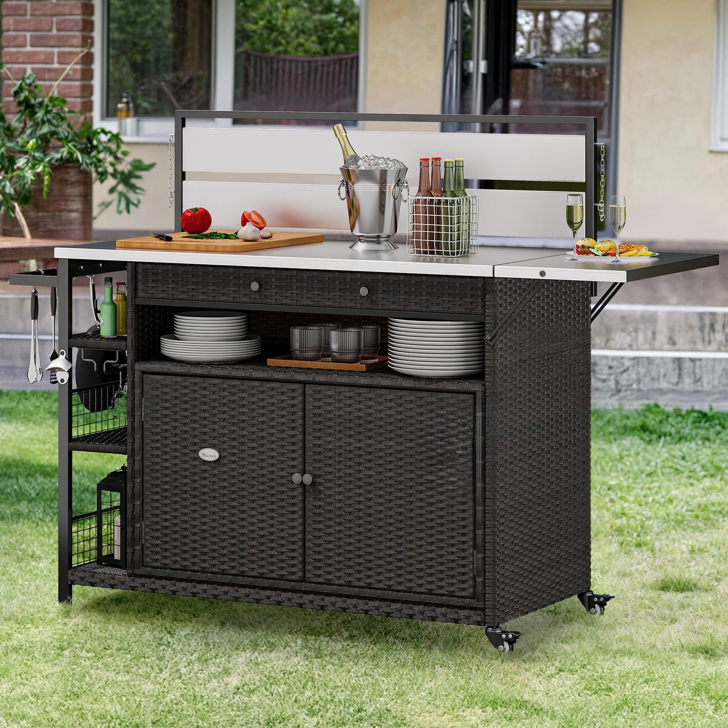 YITAHOME XL Outdoor Kitchen Island, Outdoor Bar Table & Storage Cabinet, Wheels and Stainless Steel Extended Table Top, Side Handle for Patio Kitchen or Bar Cart, Dark Brown