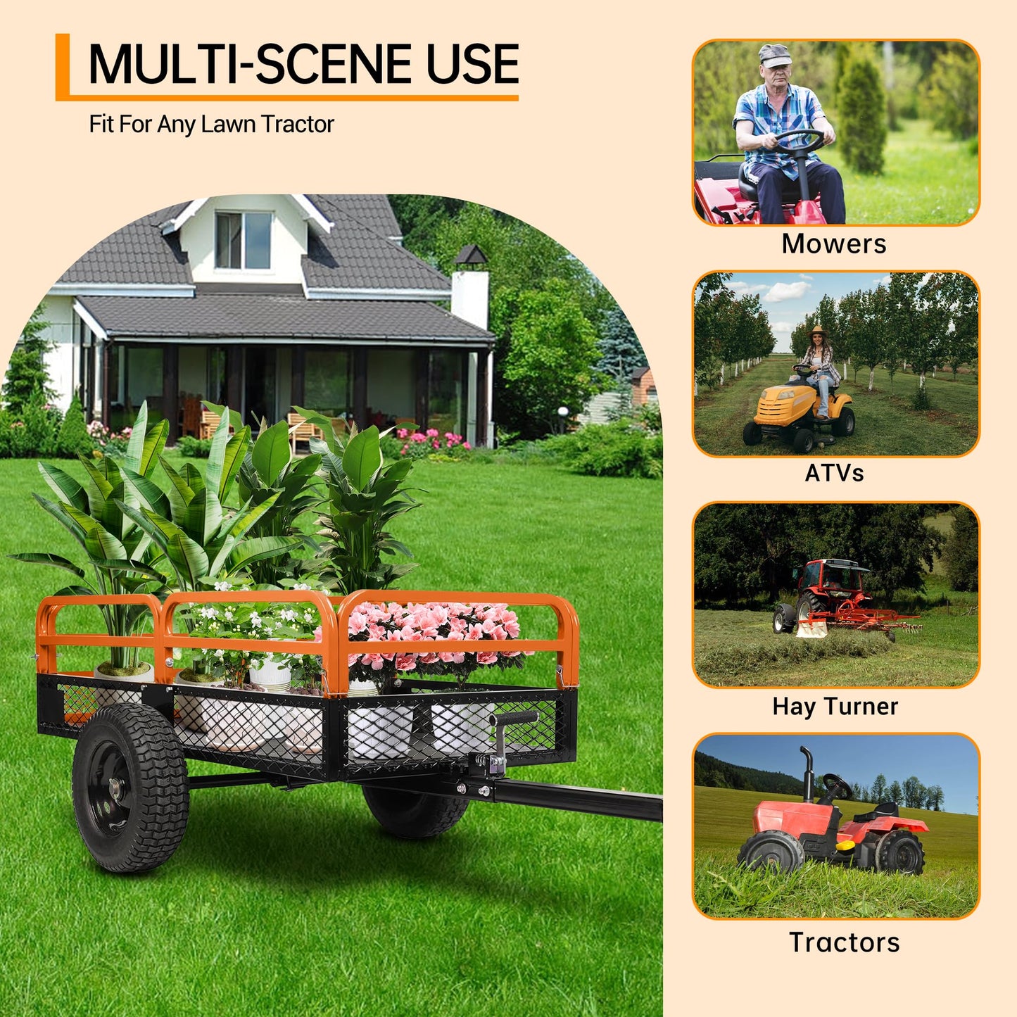 MegaChoice Heavy Duty ATV Dump Cart, 1500 Lbs HD Agricultural Trailer with Removable Sides, 15 Cubic Feet Garden Utility for Tractor Lawn Mower Garden