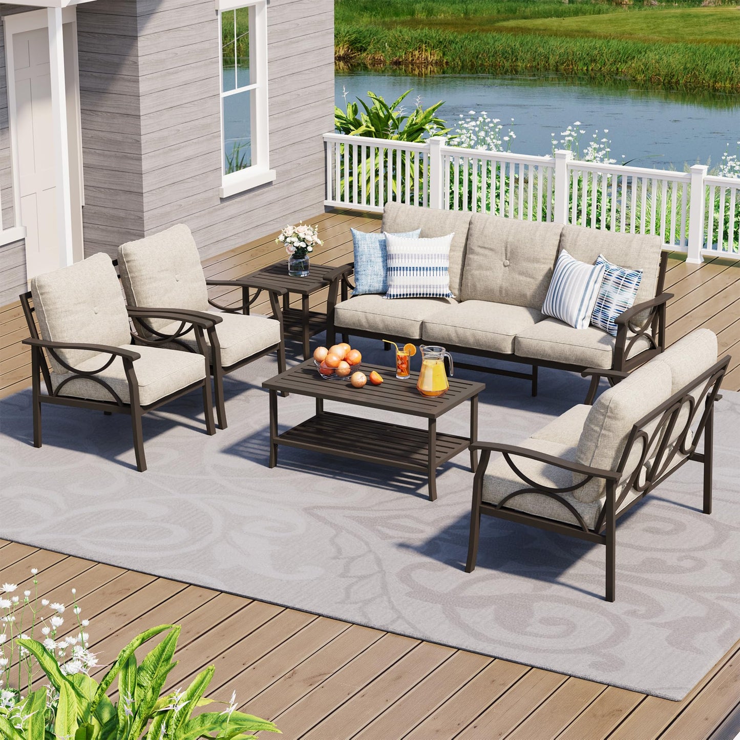 FansaFurn 6-Piece Outdoor Patio Furniture Set, Outdoor Metal Sectional Furniture with Cushions, Outdoor Conversation Seating Set with Side Table for Deck, Backyard, Garden, Balcony, Khaki