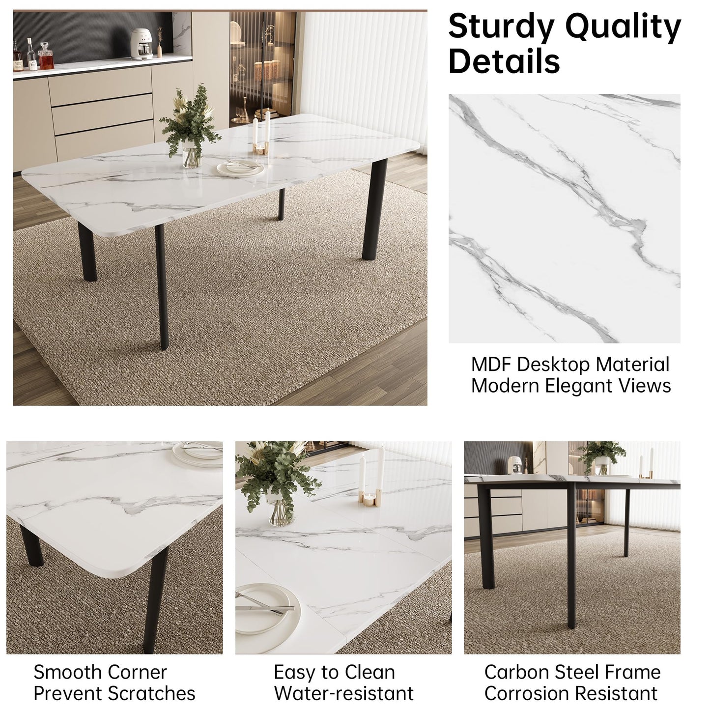 HIPIHOM Extendable Dining Table Set for 6-8 People, 63 to 78.7 Inch MDF Kitchen Table with 6 Upholstered Chairs, Space-Saving for Dining Room, Breakfast Nook(White Table & 6 White Chairs)