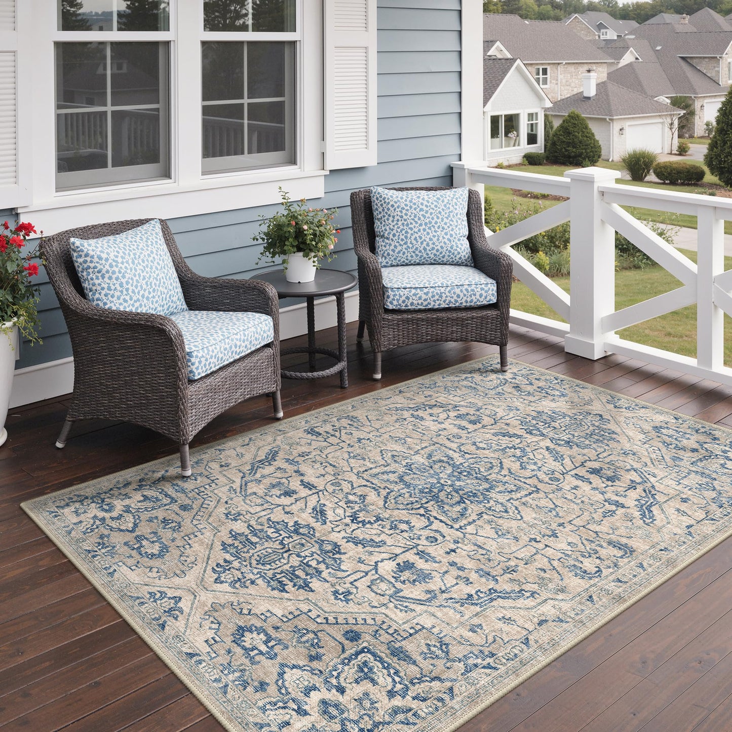 GENIMO Outdoor & Indoor Area Rug 5'x8', Waterproof, Non-Shedding, Easy Cleaning, Boho Front Door Mat for Patio, Entryway, Porch, Living Room, Bedroom, Bathroom, Outside Carpet Beige Blue