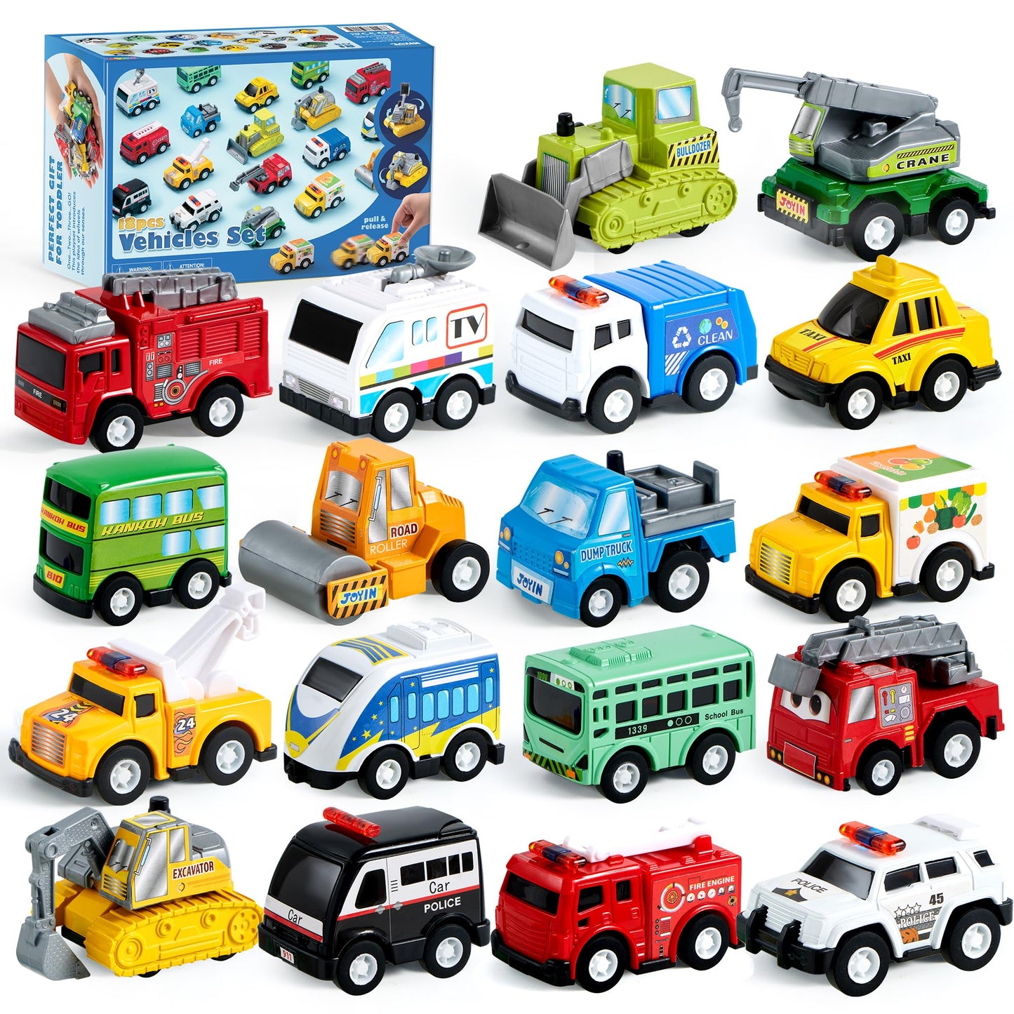 JOYIN 18 Pcs Pull Back City Cars and Trucks Toy Vehicles Set, Friction Powered Mini Cars Toys for Toddlers, Party Favors for Kids 3-5, Birthday Gifts for Boys and Girls, Goodie Bag Stuffers