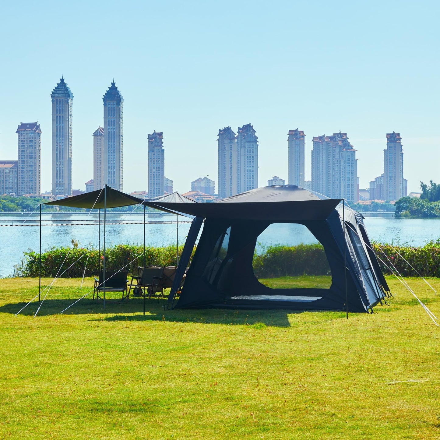 KTT Extra Large Tent 12 Person,Awning Family Cabin Tents,2 Rooms,4 Doors and 4 Windows with Mesh,Straight Wall,Waterproof,Double Layer,Big Tent for Outdoor,Picnic,Camping,Family Gathering(Black)