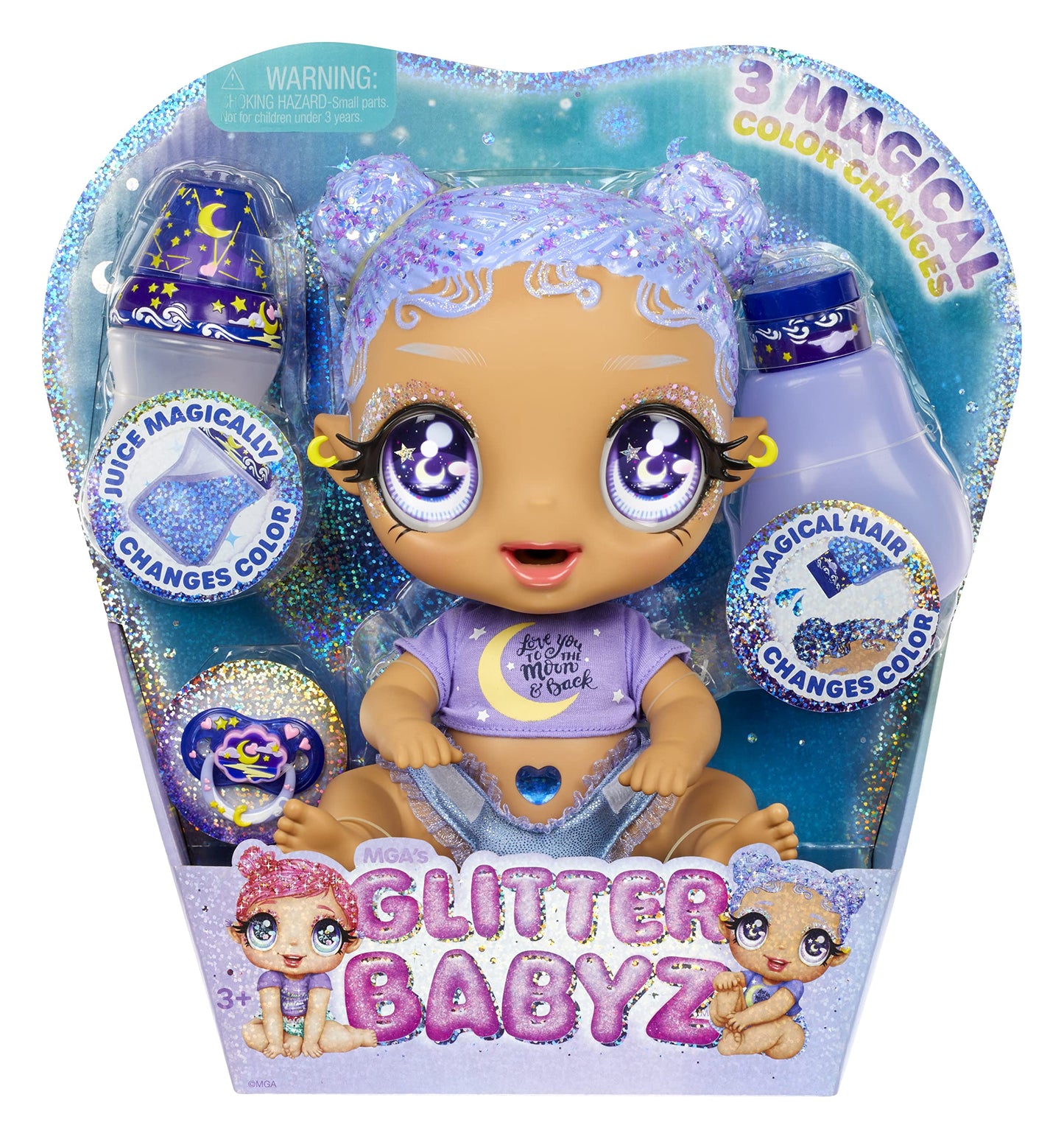 MGA Entertainment Glitter Babyz Selena Stargazer Baby Doll 3 Magical Color Changes, Pastel Purple Glitter Hair, Moon & Stars Outfit, Diaper, Bottle, Pacifier Accessories Gift for Kids, Ages 3 4 5+