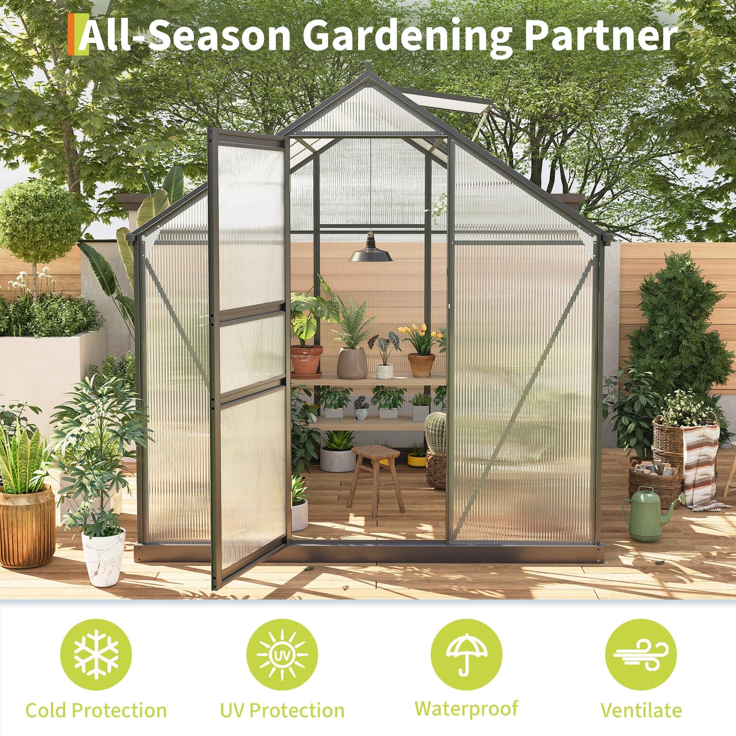 Greenhouses for Outdoors, Polycarbonate Greenhouse with Quick Setup Structure & Roof Vent, Heavy Duty Frame Walk-in Green Houses for Outside Garden Backyard