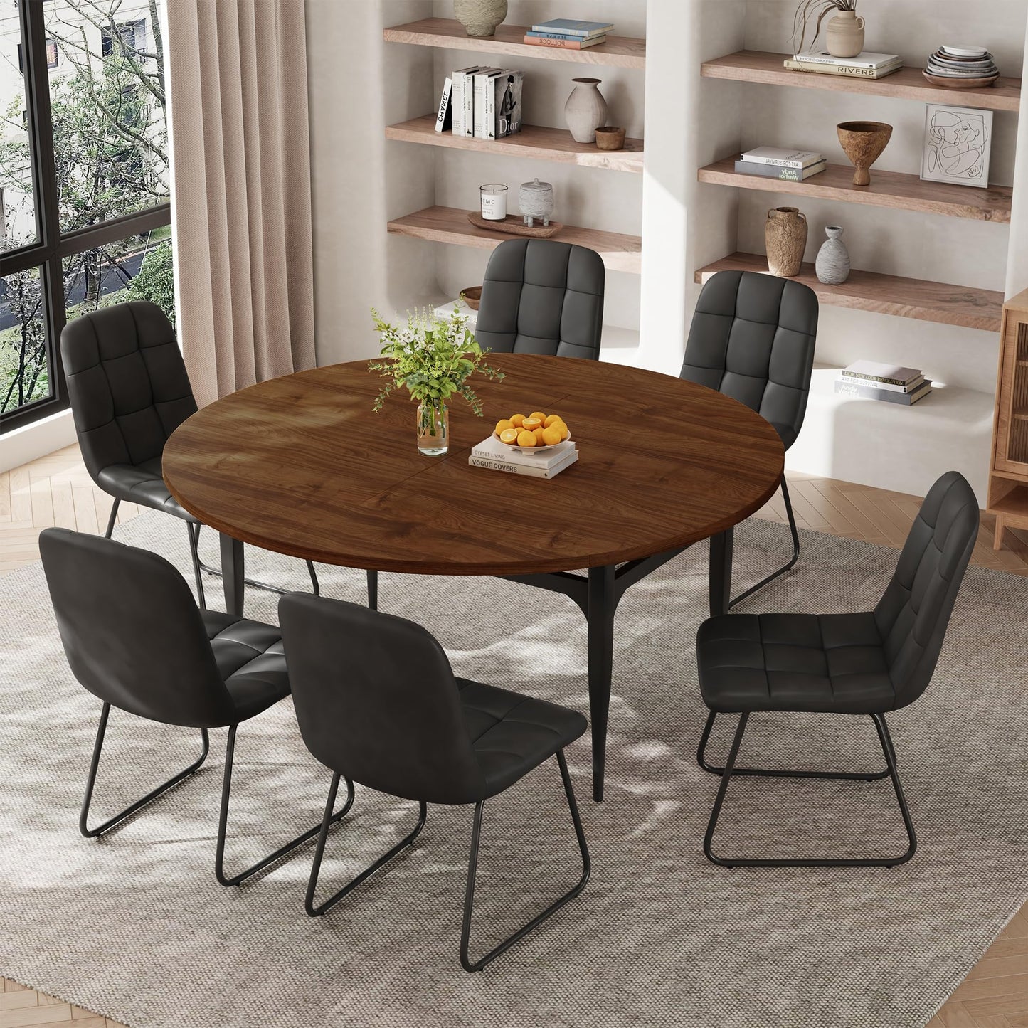 HIPIHOM Expandable Folding Dining Table Set, 55-Inch Round to Square Table with 6 Upholstered Chairs, Metal Frame, for Dining Room or Apartment (Round Table + 6 Black Modern Dining Chairs)