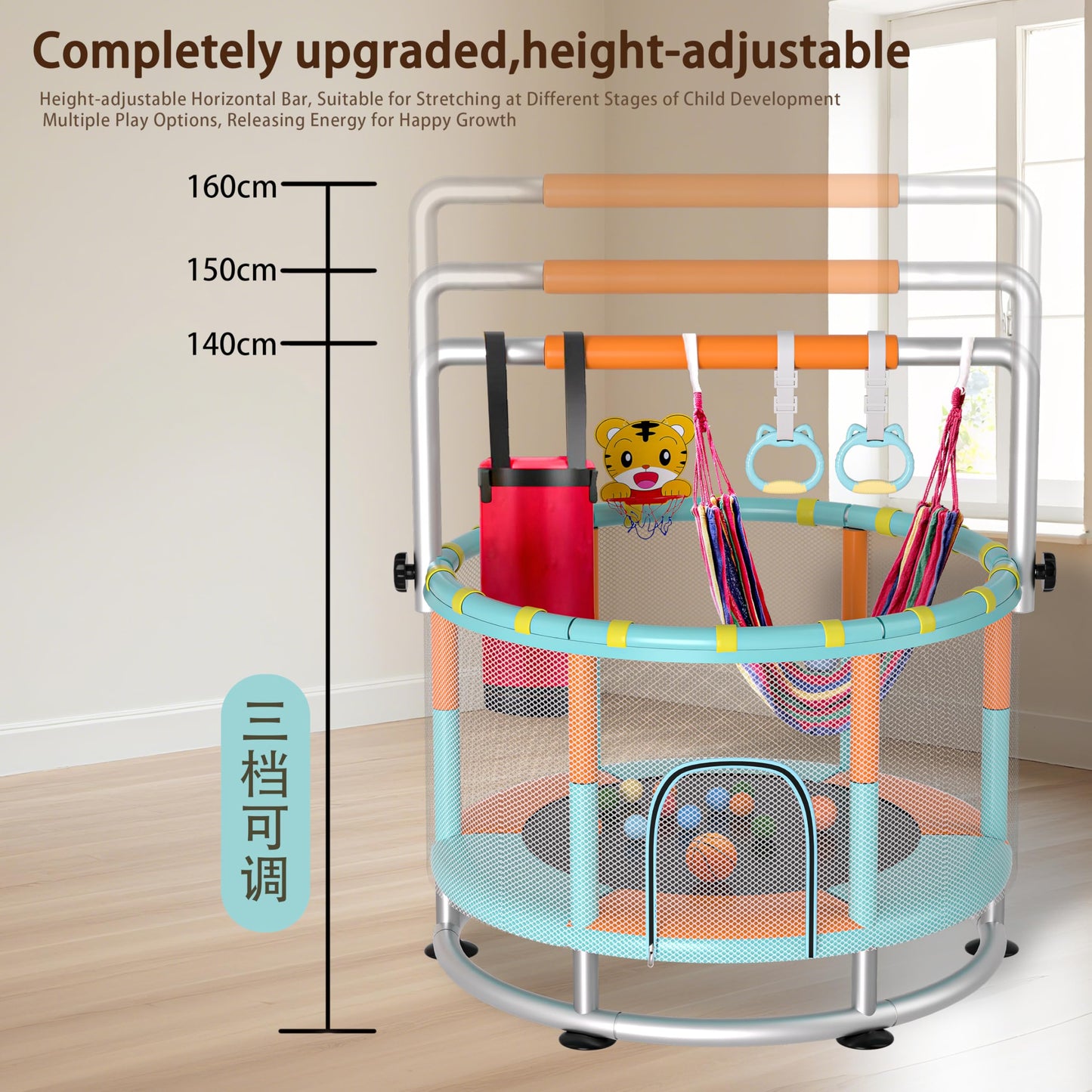 KINETRA 55" Kids Indoor Trampoline with Safety Net, Adjustable Gymnastics Bar & Toys – Indoor/Outdoor Toddler Play Gym for Boys & Girls Ages 3+, Birthday Gifts (Emerald Bounce)