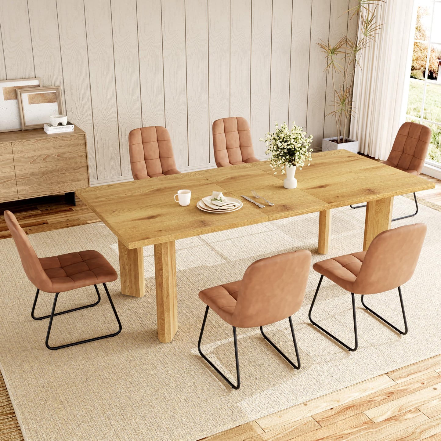HIPIHOM Extendable Dining Table for 6-8 People, 63 to 78.7 Inch Rectangular MDF Table, Farmhouse Rustic Style, Space-Saving Design for Dining Room, Kitchen, Meeting