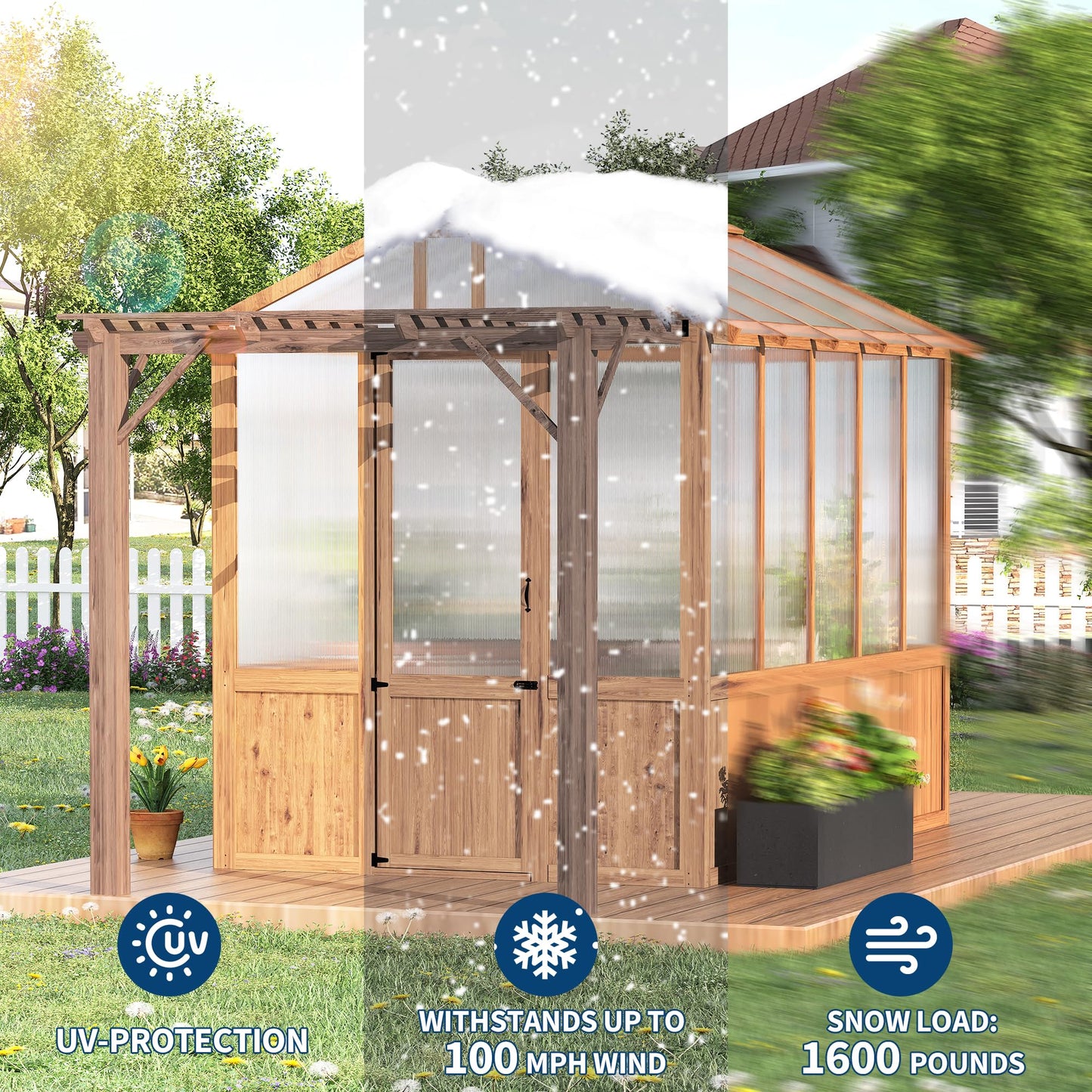 8X13ft Greenhouse Kit with Pergola, Wooden Walk-in Green House with Cedar Frame, Greenhouse Kit with 6mm Thick Polycarbonate Panel