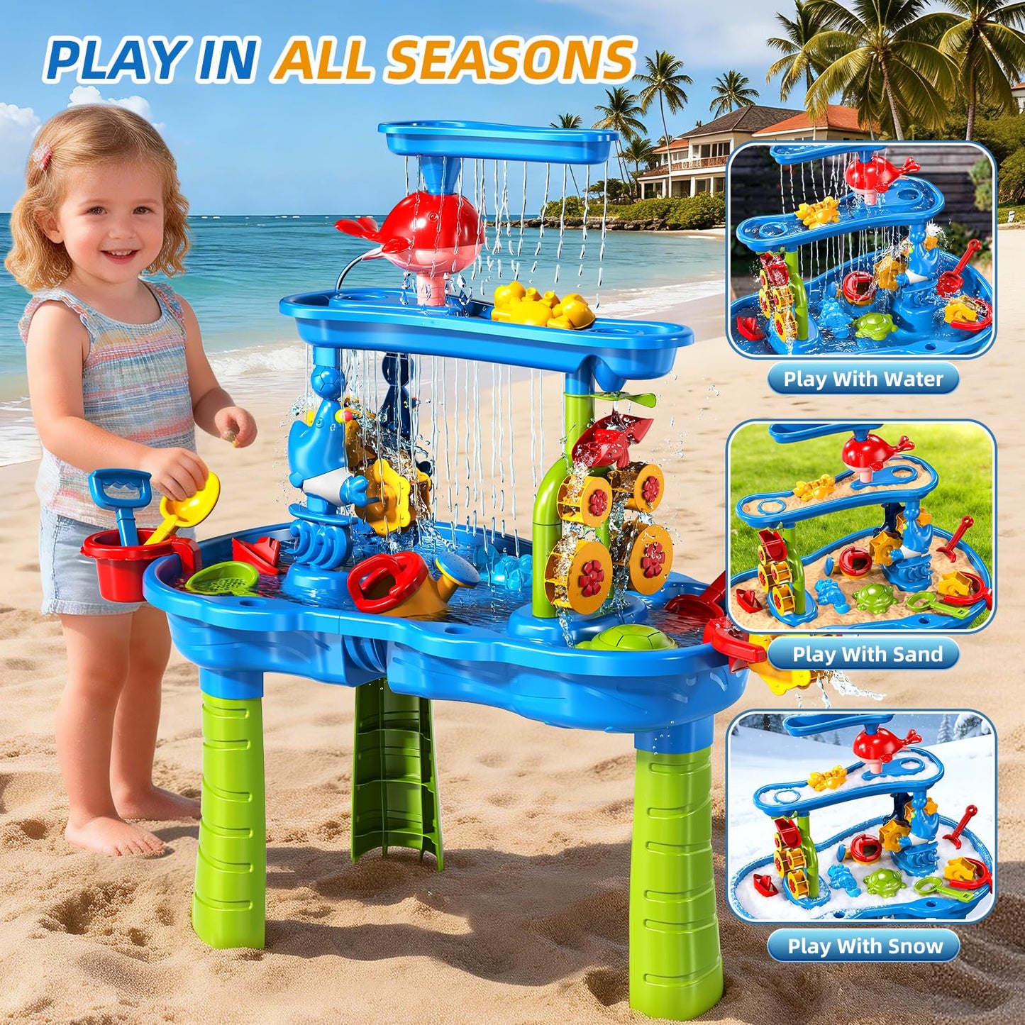 Sand Water Table for Toddlers Kids 2 3 4 5 6 Years Old, 3-Tier Sand and Water Table for Boys Girls, Splash and Play Activity Set with Rich Accessories for Outdoor Indoor Fun, Summer Beach Toy for Kids