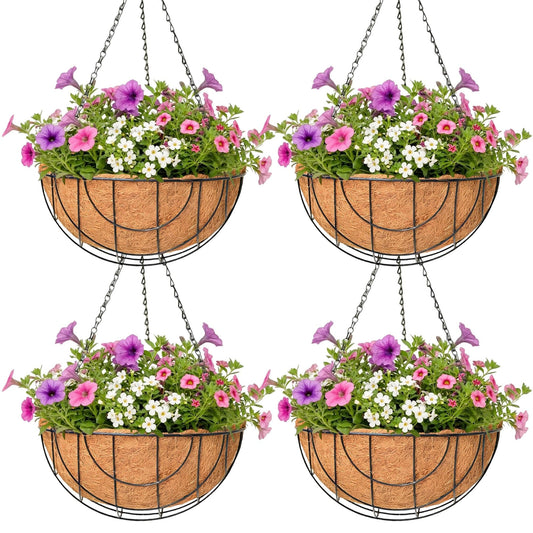 4 Pack Hanging Planter for Outdoor Plants 14 inch Metal Hanging Flower Basket with Coco Coir Liner Round Wire Plant Holder Chain Flower Pots Outdoor Garden Decoration Watering Hanging Baskets（DQ）