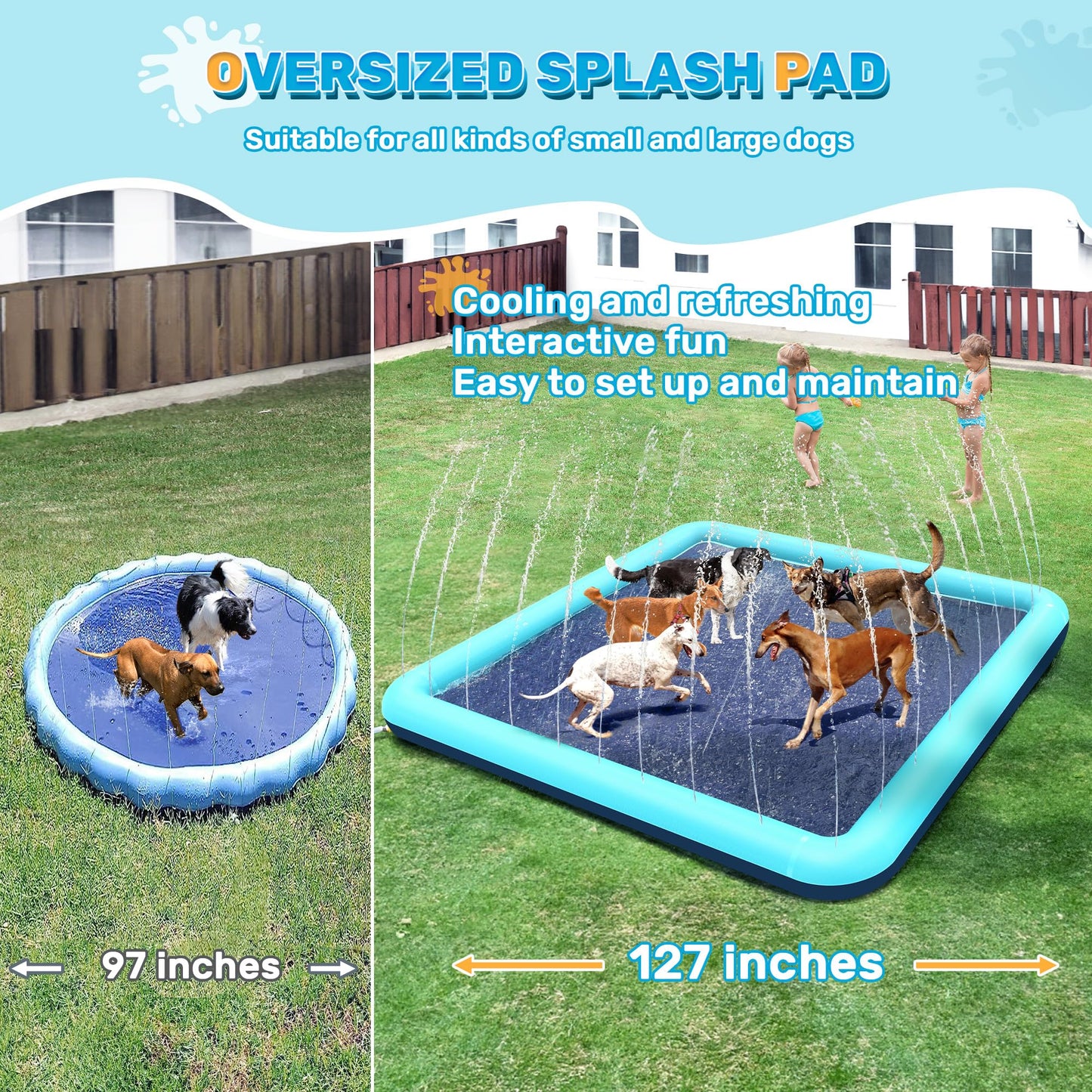 Bilibara 127'' Splash Pad for Dogs, Non-Slip Sprinkler for Kids, Square Splash Pad for Kids Ages 4-8, Splash Pads for Toddlers 1-3, Dog Sprinkler Shallow Pool, Outdoor Water Toys for Backyard, Teal
