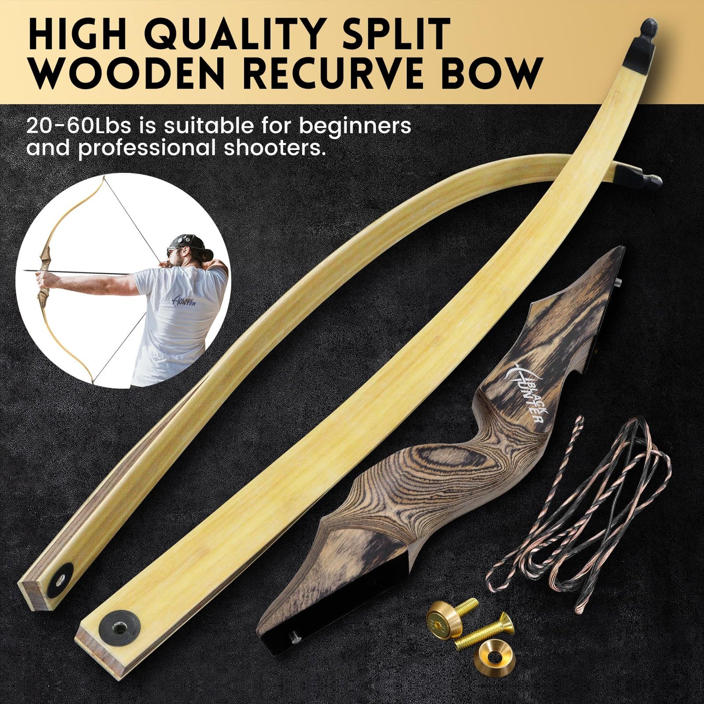 oubert Black Hunter Bow 60 Inch Archery Takedown Recurve Bow 20-60 Lbs Right Hand Hunting Bow with Stringer Tool Wooden Riser Archery Bow Set for Adults Shooting Practice (60LBS)