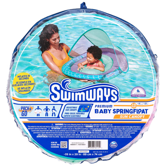 SwimWays Baby Spring Float, Baby Pool Float with Canopy, Swim Training PFD, Swimming Pool Accessories for Babies and Toddlers 9-24 Months, Mermaid