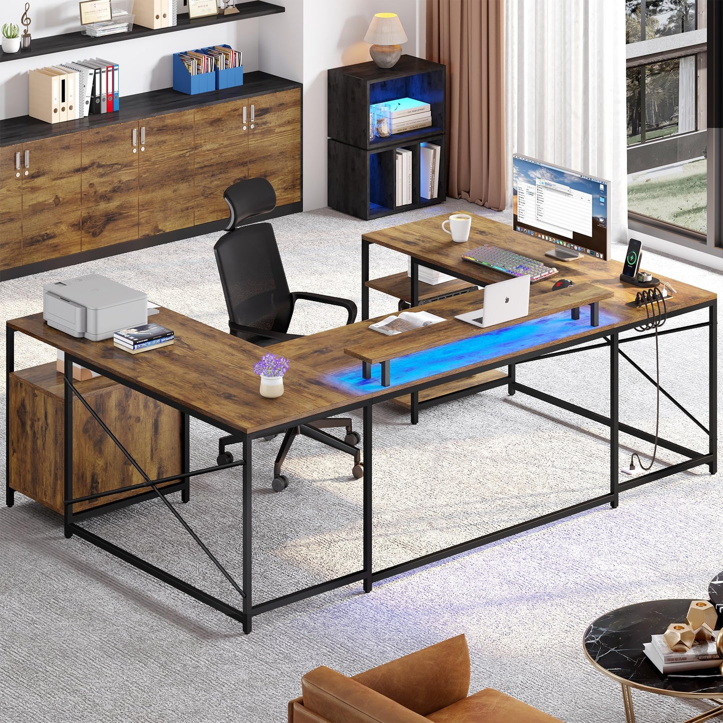 YITAHOME U Shaped Desk with Power Outlets & LED Lights, 79" Reversible L Shaped Desk with Drawers, Corner Computer Desk Office Desk with Monitor Stand & Storage Shelves, Rustic Brown